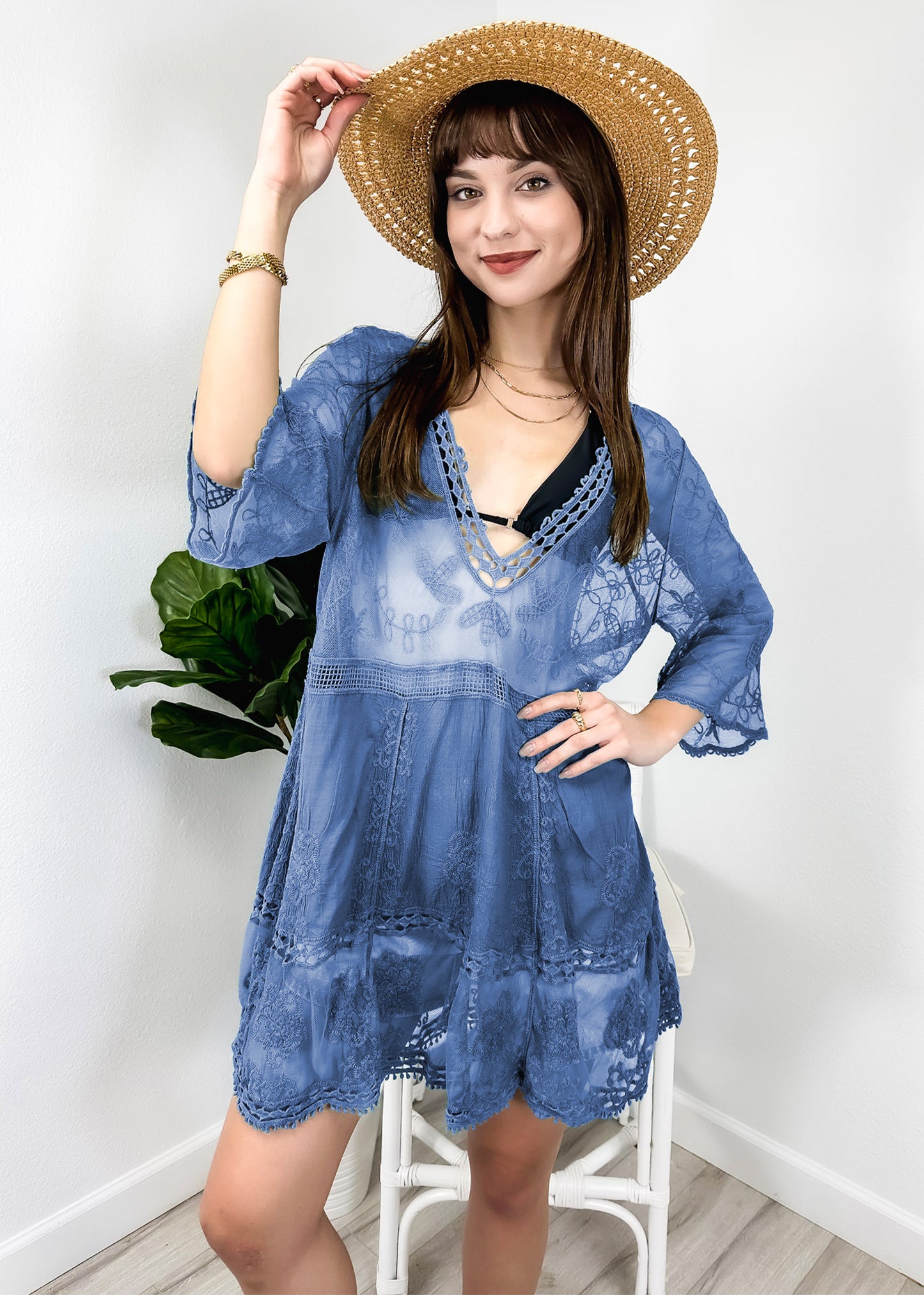 Contrast Embroidered Lace V Neck Bikini Cover Up Beach Mini Dress with Half Sleeve