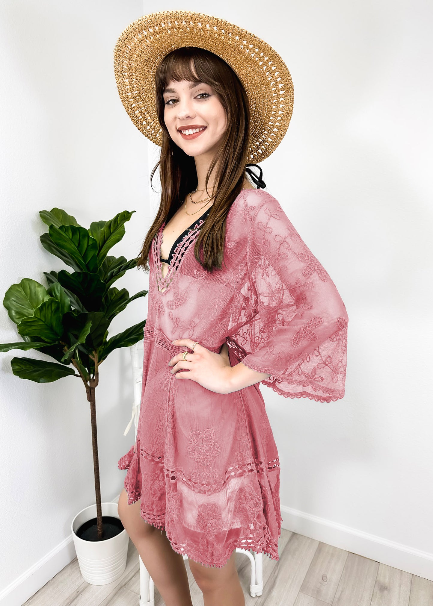 Contrast Embroidered Lace V Neck Bikini Cover Up Beach Mini Dress with Half Sleeve