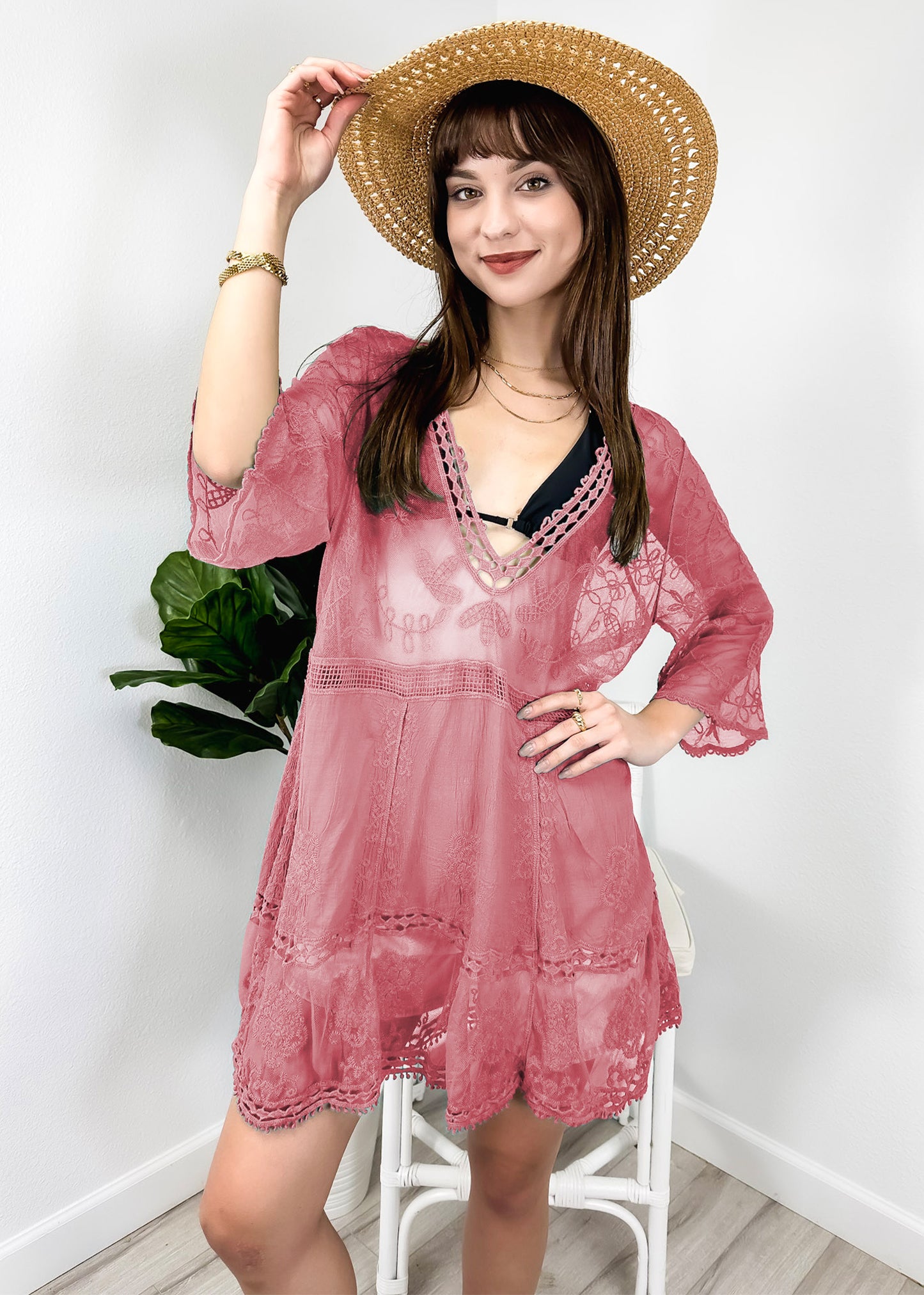 Contrast Embroidered Lace V Neck Bikini Cover Up Beach Mini Dress with Half Sleeve