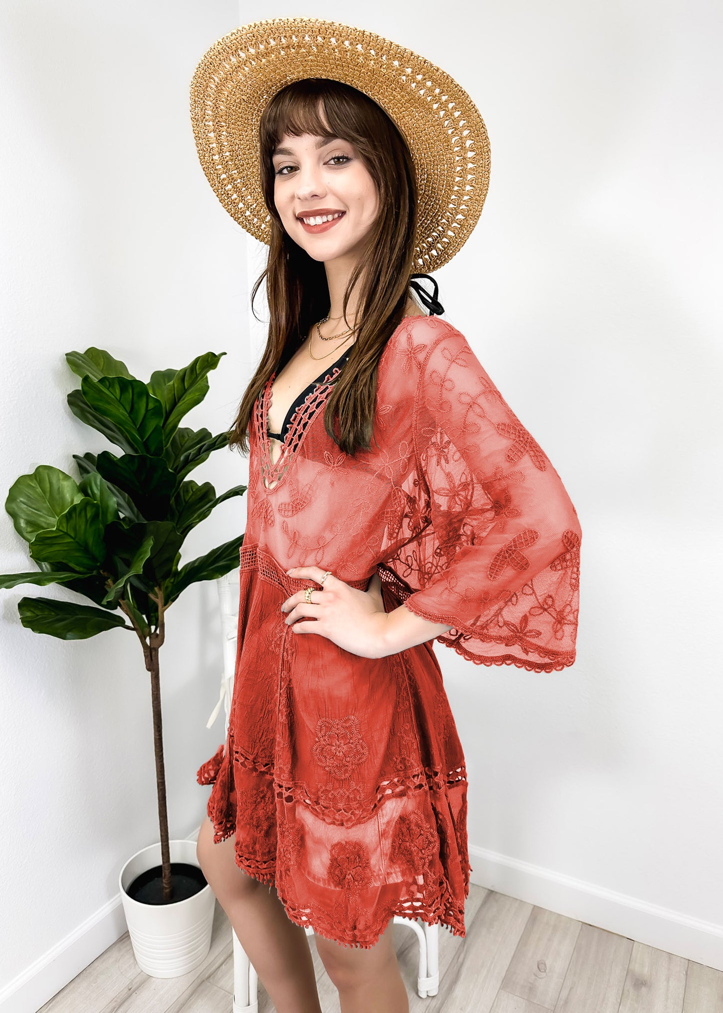 Contrast Embroidered Lace V Neck Bikini Cover Up Beach Mini Dress with Half Sleeve