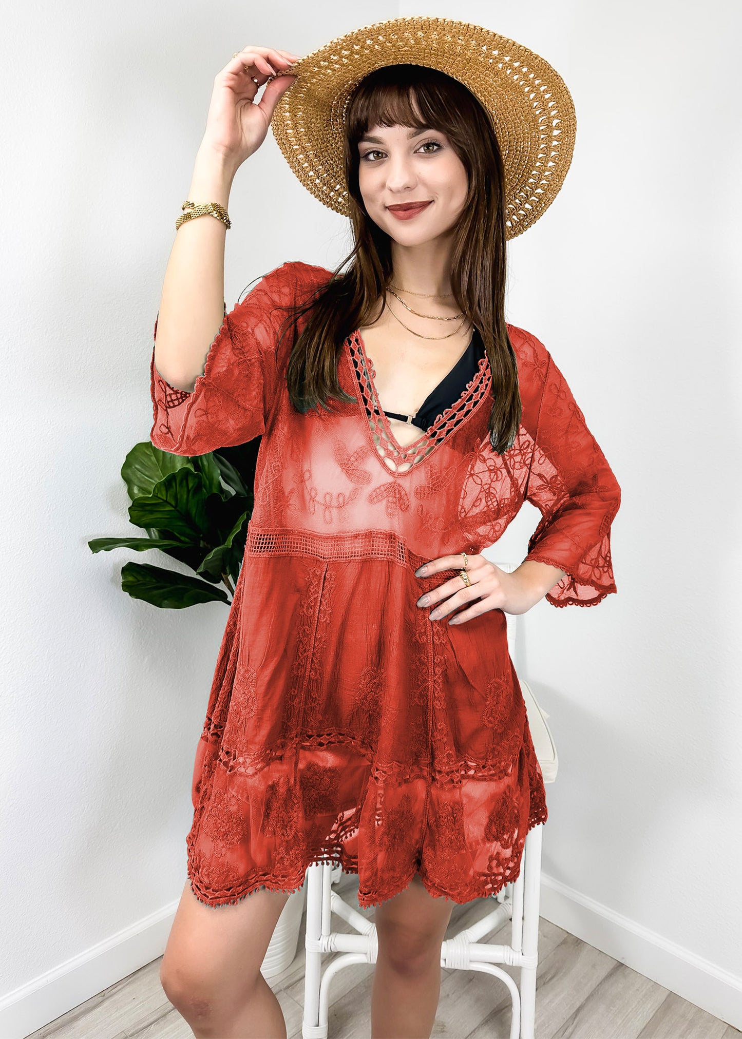 Contrast Embroidered Lace V Neck Bikini Cover Up Beach Mini Dress with Half Sleeve