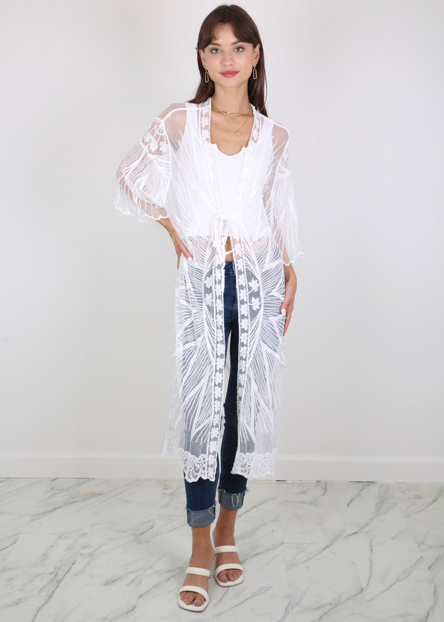 Half Sleeve Tie Front Embroidered Lace Kimono Cardigan Coverup