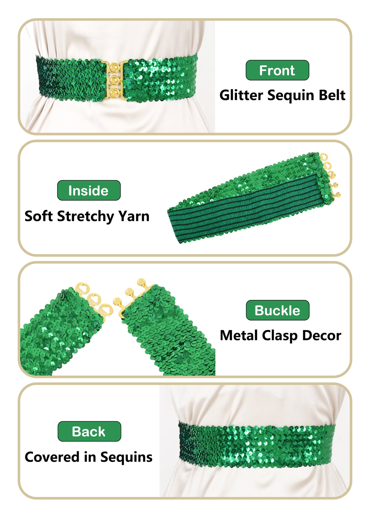 Anna-Kaci Women Glitter Sequin Belts Stretchy Sparkly Cinch Belt Disco Party Costume Elastic Waist Accessory