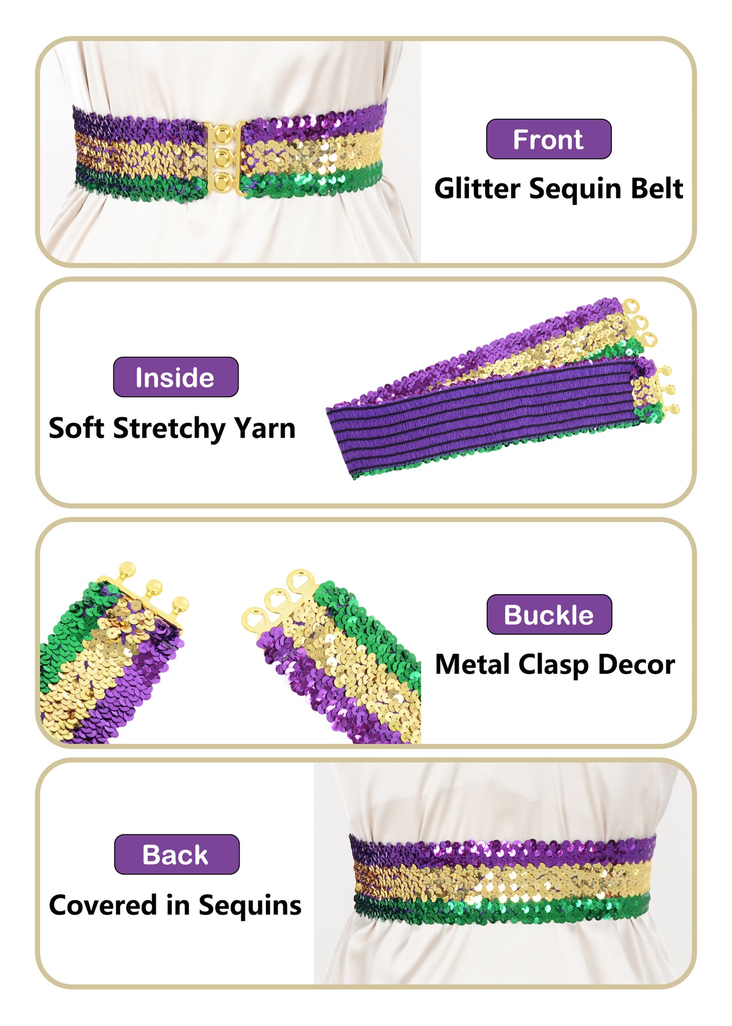 Anna-Kaci Women Glitter Sequin Belts Stretchy Sparkly Cinch Belt Disco Party Costume Elastic Waist Accessory