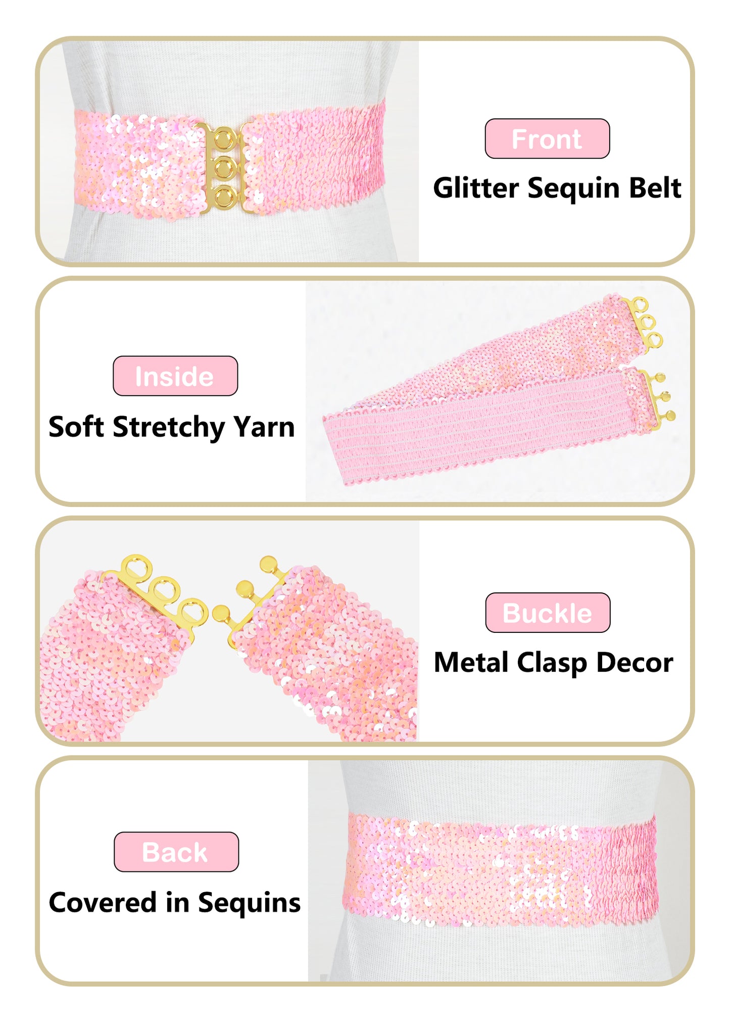 Anna-Kaci Women Glitter Sequin Belts Stretchy Sparkly Cinch Belt Disco Party Costume Elastic Waist Accessory