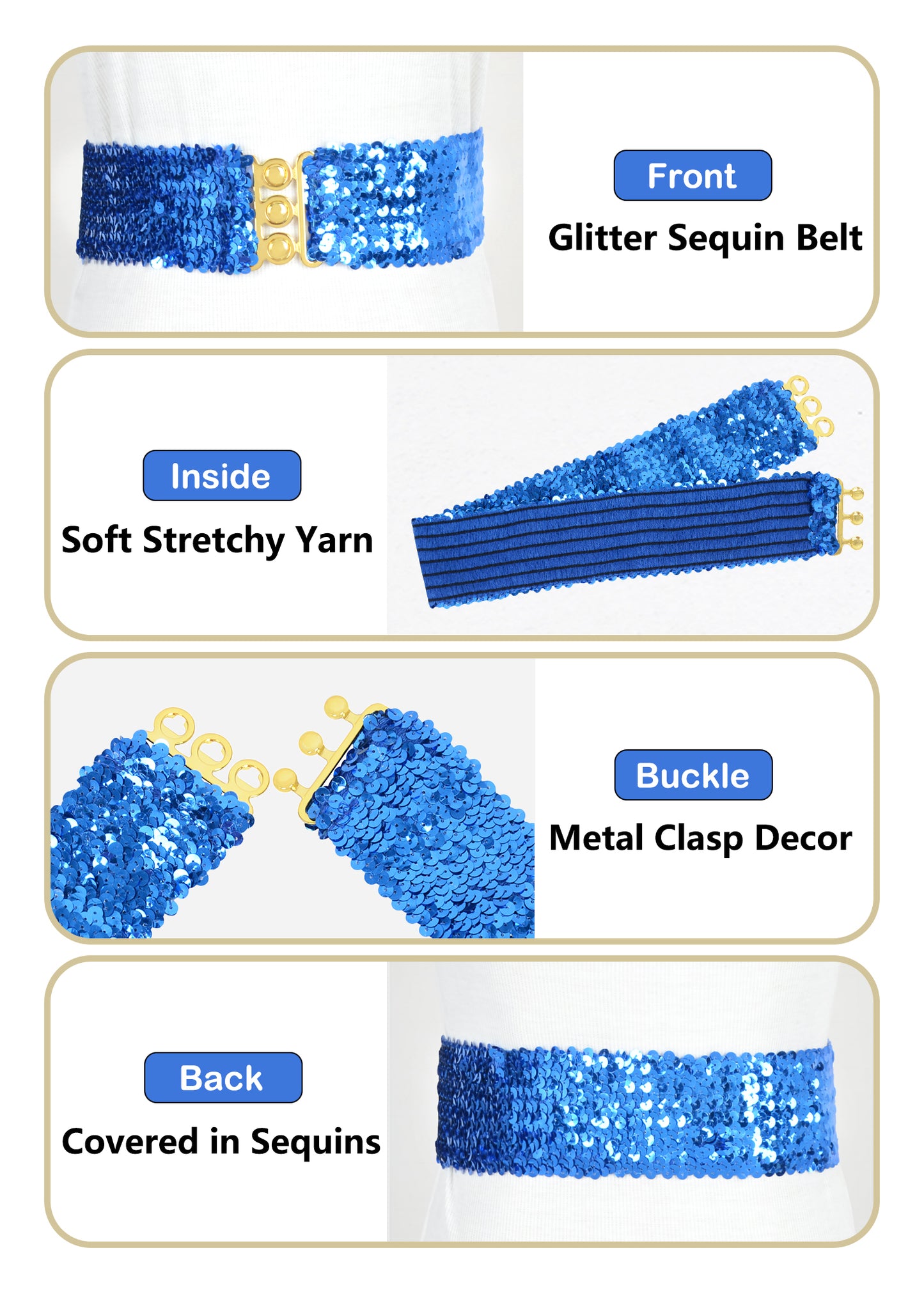 Anna-Kaci Women Glitter Sequin Belts Stretchy Sparkly Cinch Belt Disco Party Costume Elastic Waist Accessory
