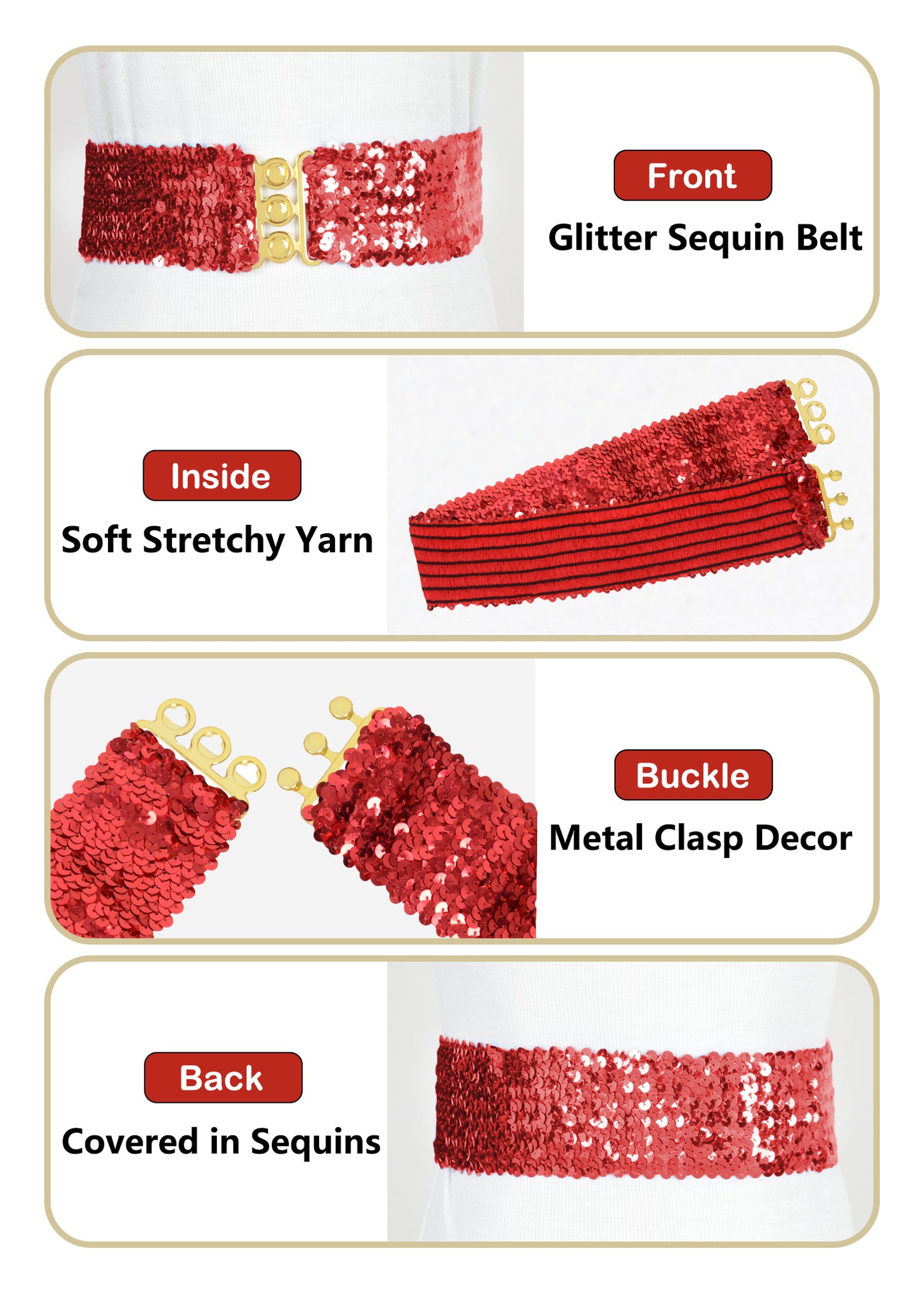 Anna-Kaci Women Glitter Sequin Belts Stretchy Sparkly Cinch Belt Disco Party Costume Elastic Waist Accessory