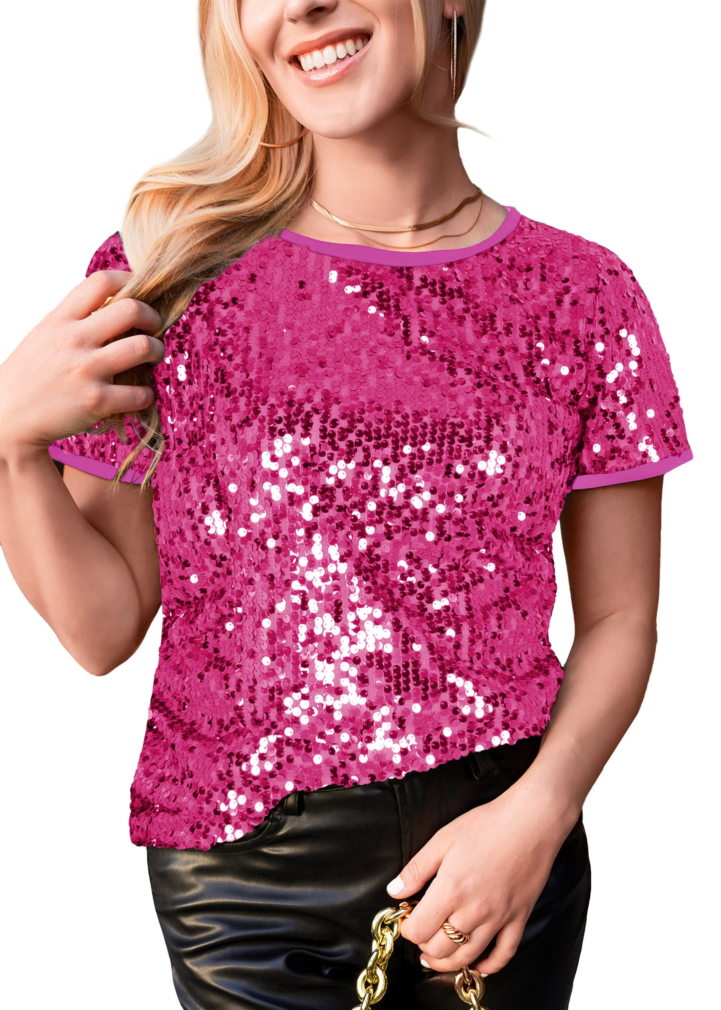 Womens Sequin Short Sleeve Round Neck Sparkly Shirt Blouse