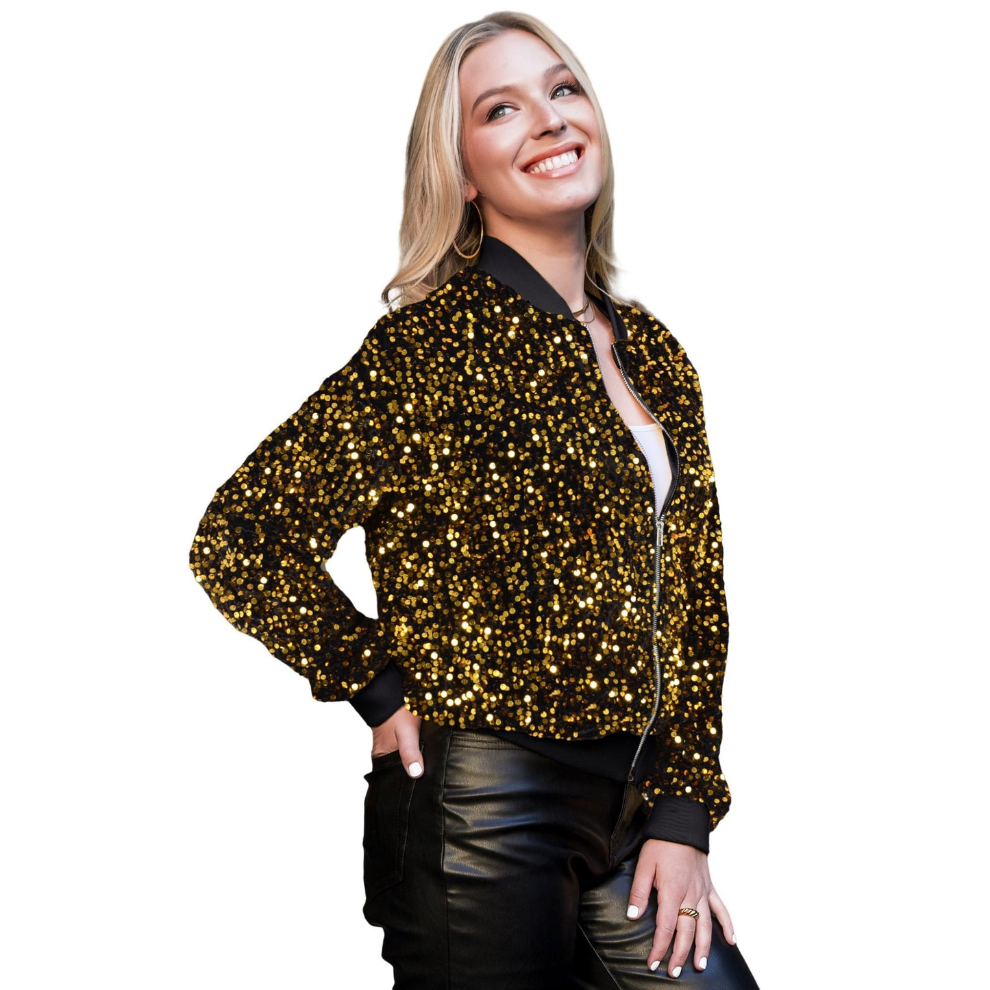 Anna-Kaci Sparkly Sequin Jacket Glitter Long Sleeves Zip Up Bomber Velvet Jacket