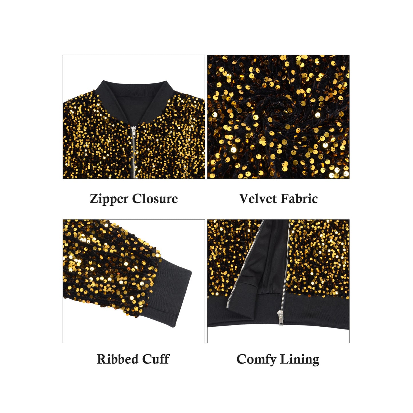 Anna-Kaci Sparkly Sequin Jacket Glitter Long Sleeves Zip Up Bomber Velvet Jacket