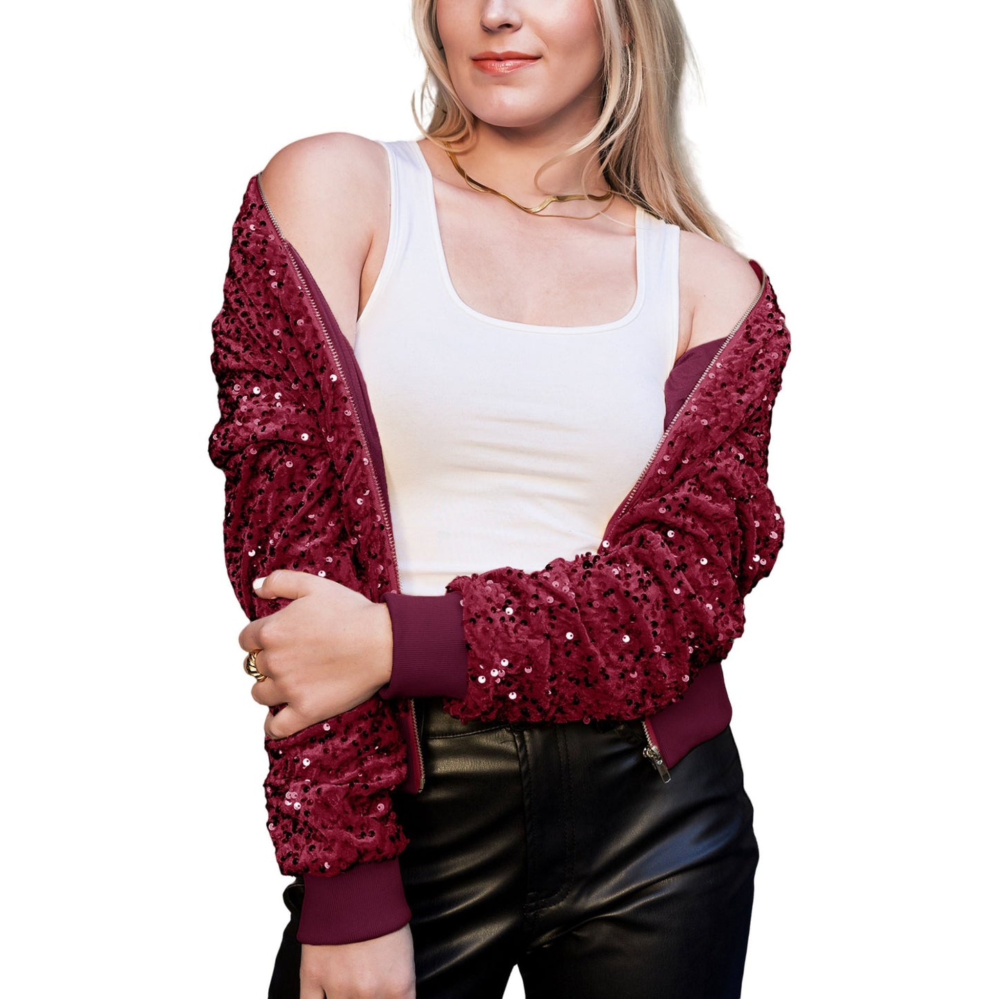 Anna-Kaci Sparkly Sequin Jacket Glitter Long Sleeves Zip Up Bomber Velvet Jacket