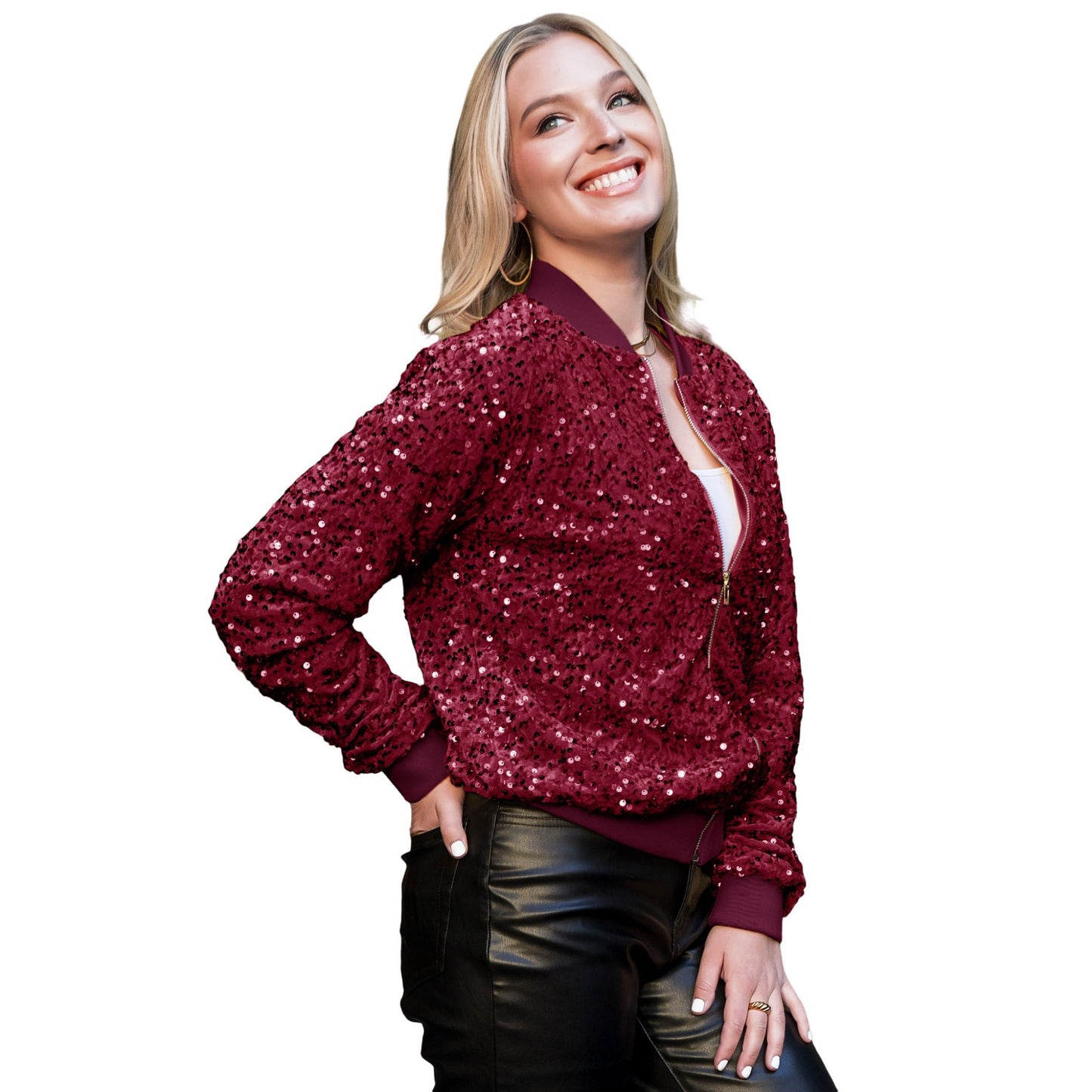 Anna-Kaci Sparkly Sequin Jacket Glitter Long Sleeves Zip Up Bomber Velvet Jacket
