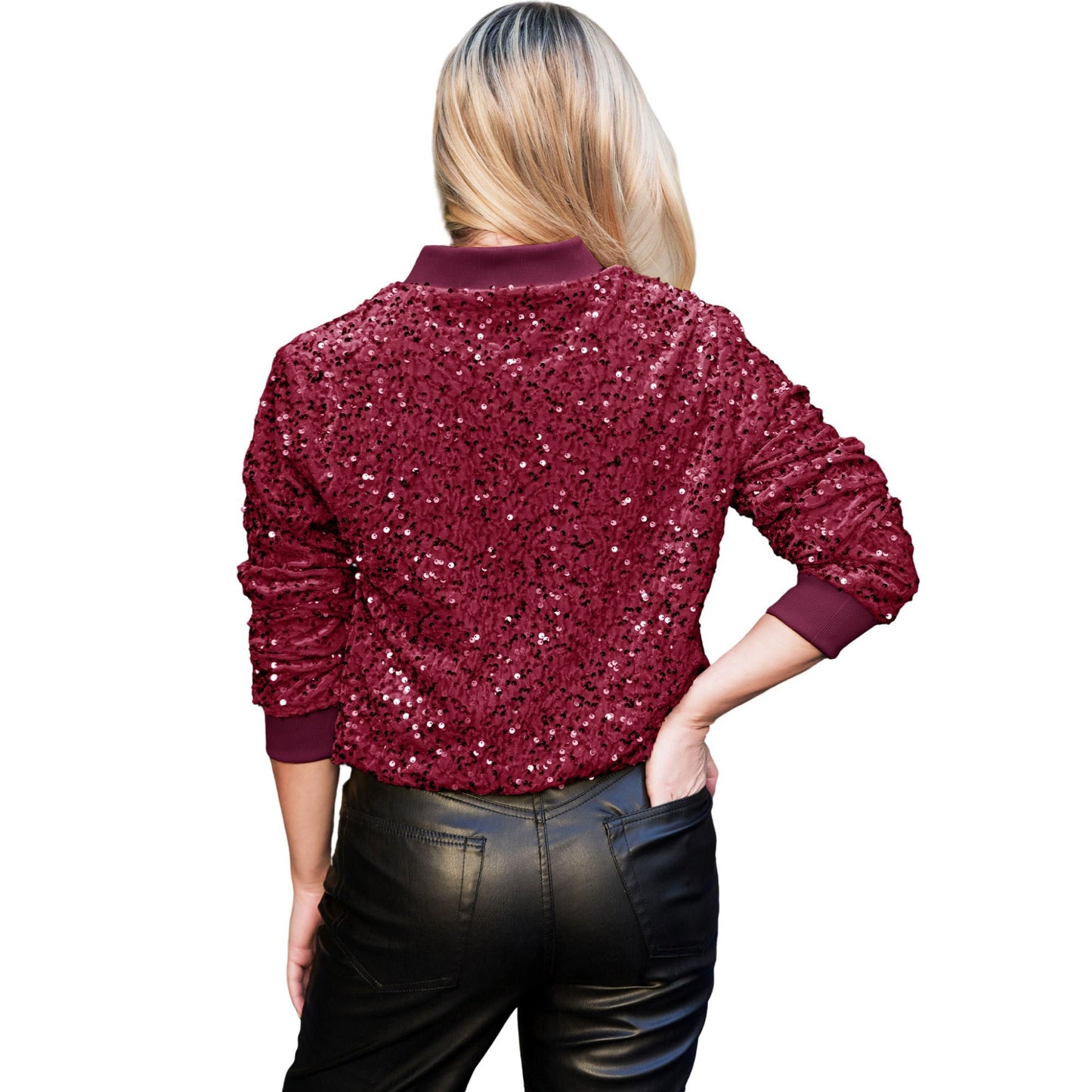 Anna-Kaci Sparkly Sequin Jacket Glitter Long Sleeves Zip Up Bomber Velvet Jacket