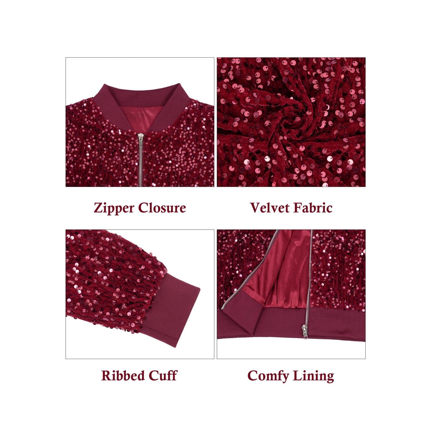 Anna-Kaci Sparkly Sequin Jacket Glitter Long Sleeves Zip Up Bomber Velvet Jacket