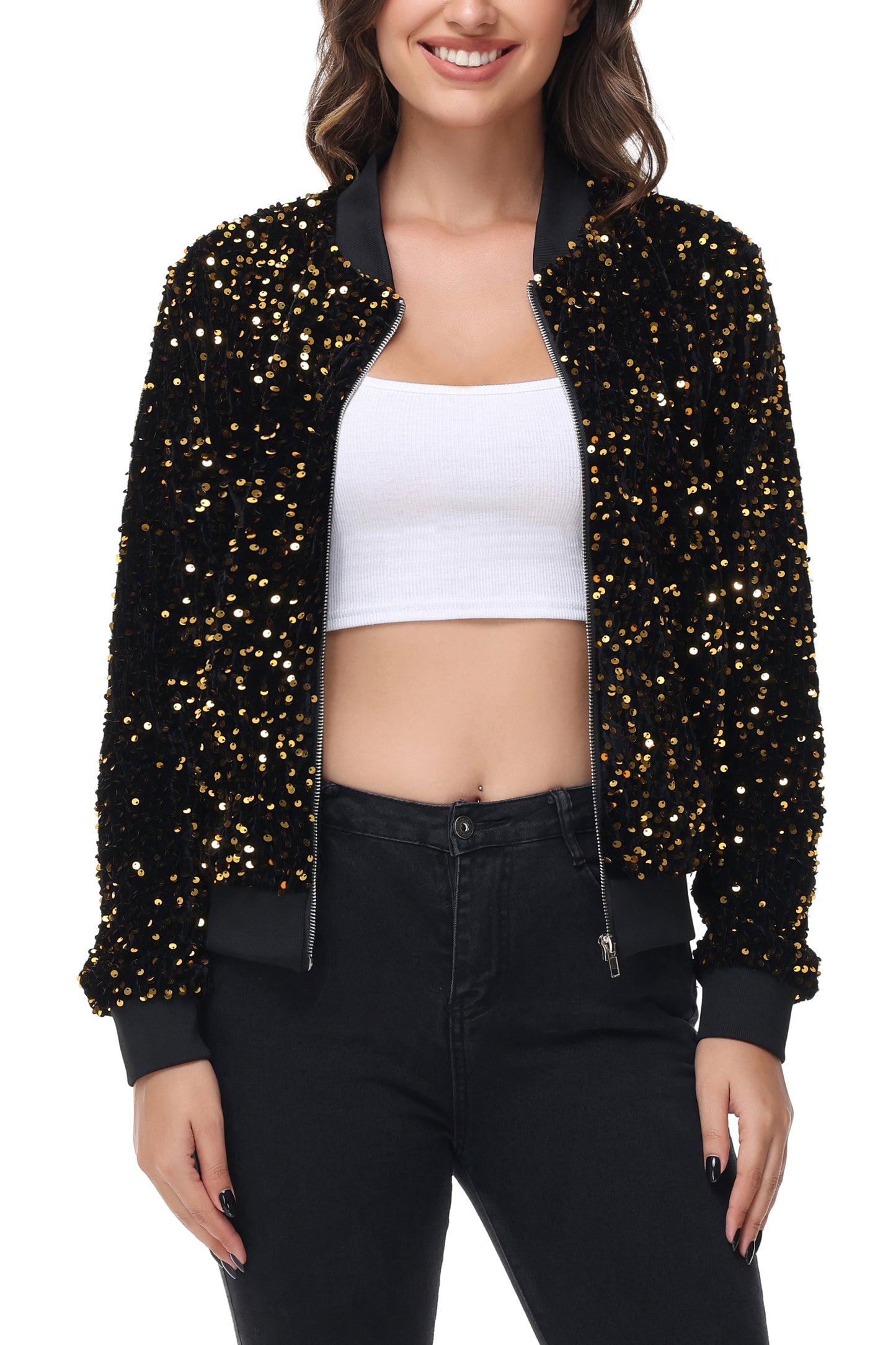 Anna-Kaci Womens Sparkly Sequin Jacket Zipper Long Sleeve Glitter Sequin Bomber Jacket with Pockets