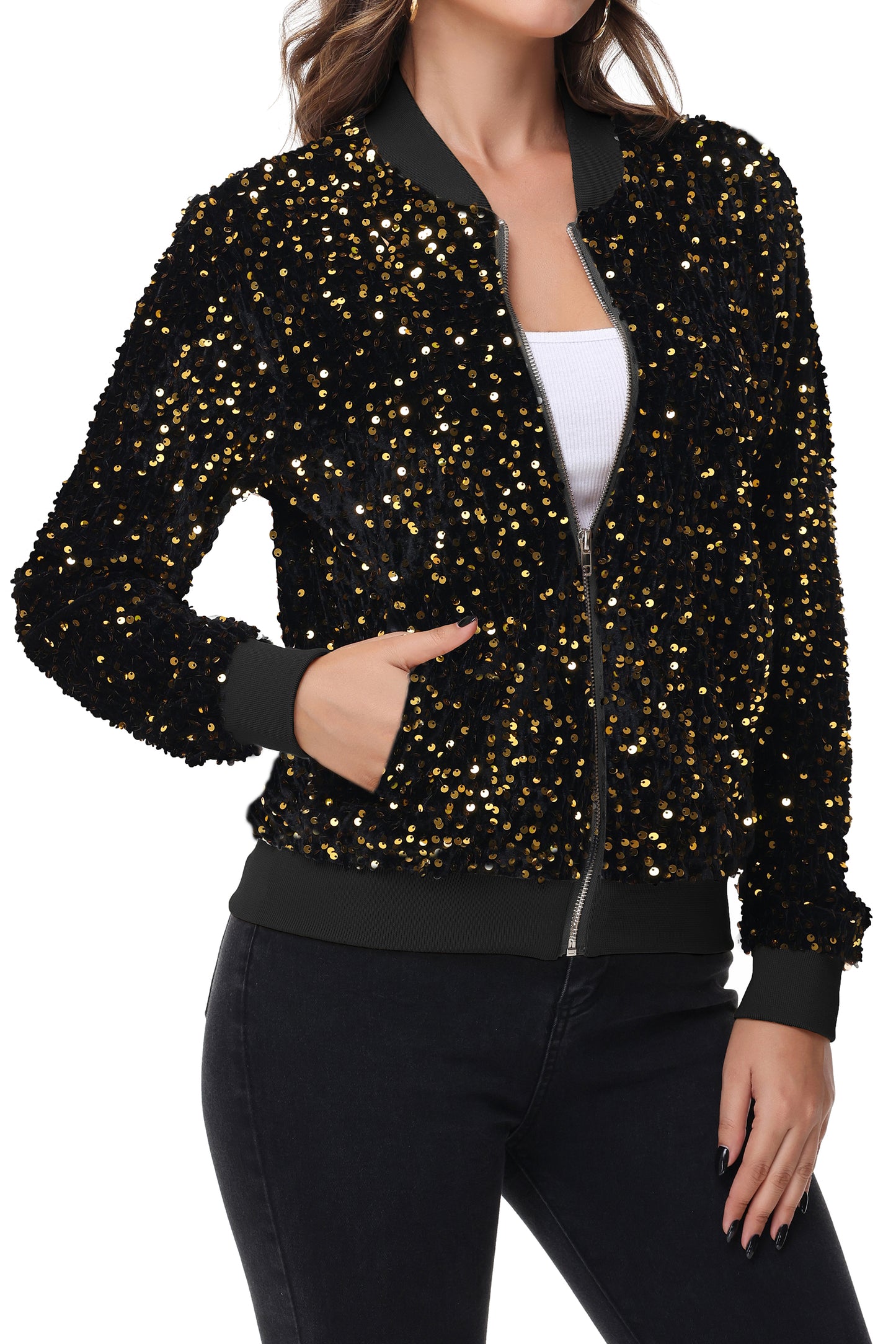 Anna-Kaci Womens Sparkly Sequin Jacket Zipper Long Sleeve Glitter Sequin Bomber Jacket with Pockets