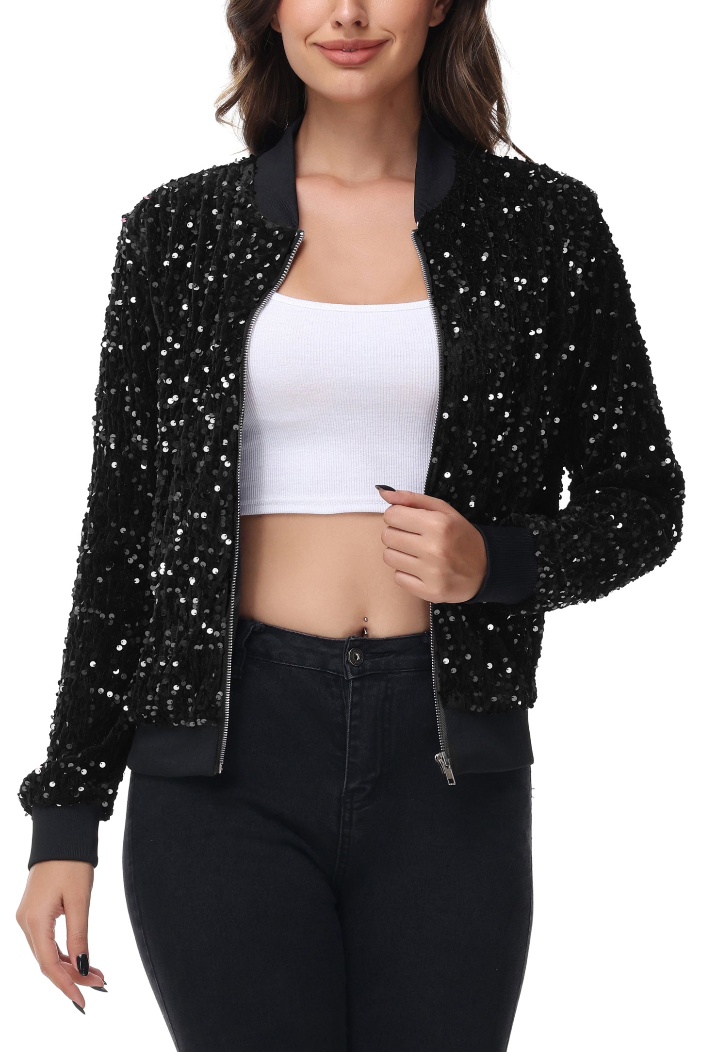 Anna-Kaci Womens Sparkly Sequin Jacket Zipper Long Sleeve Glitter Sequin Bomber Jacket with Pockets
