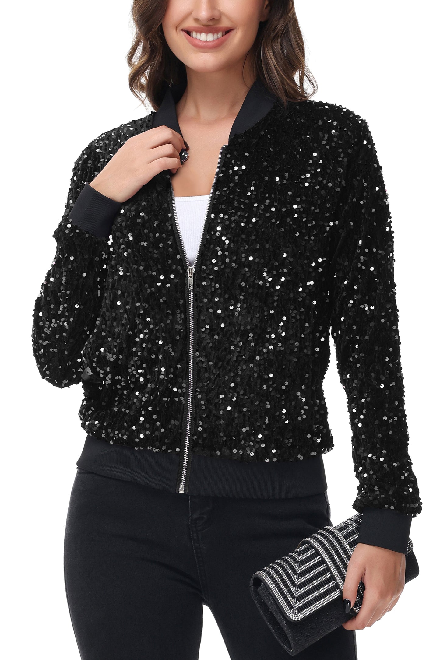 Anna-Kaci Womens Sparkly Sequin Jacket Zipper Long Sleeve Glitter Sequin Bomber Jacket with Pockets