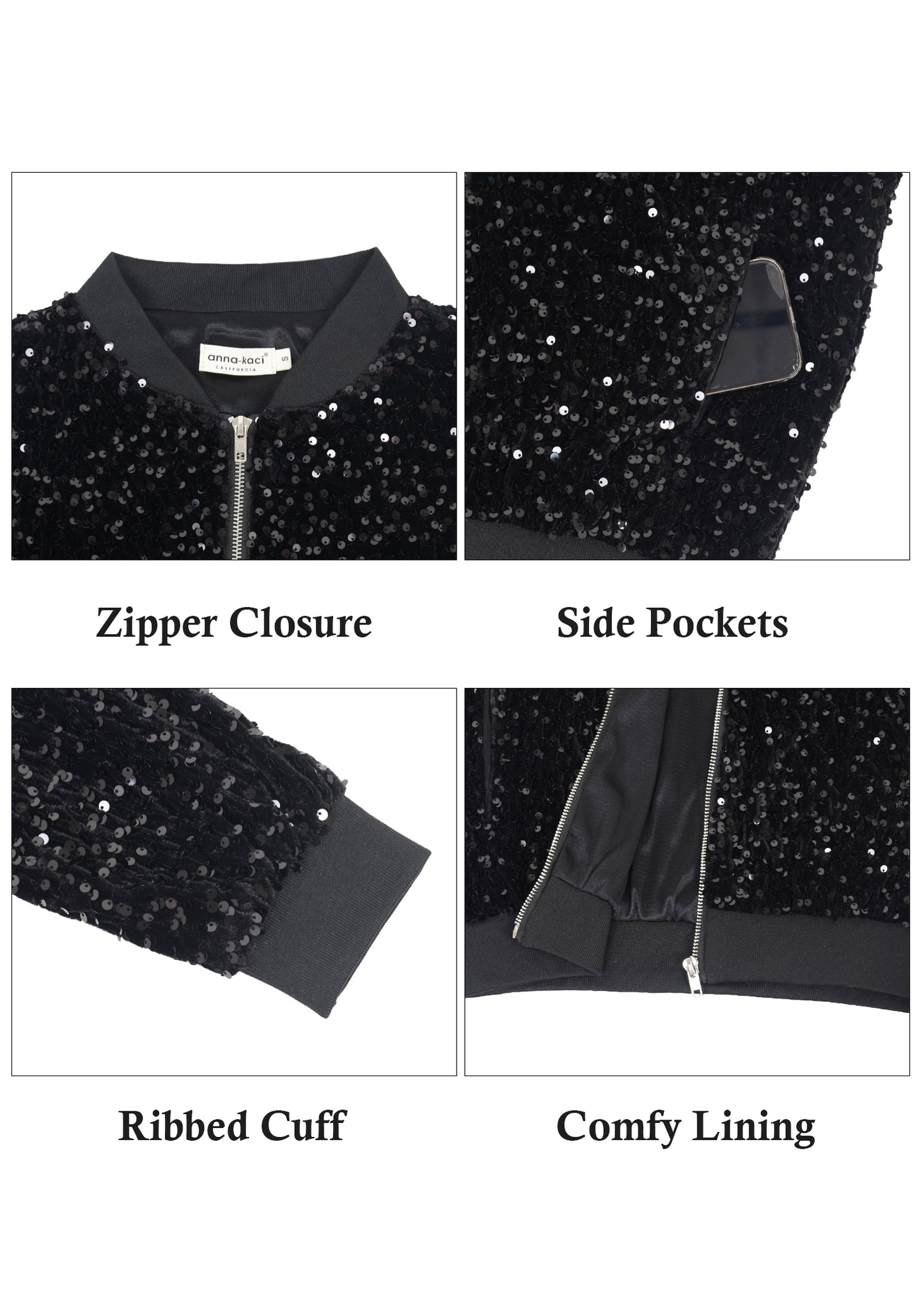 Anna-Kaci Womens Sparkly Sequin Jacket Zipper Long Sleeve Glitter Sequin Bomber Jacket with Pockets
