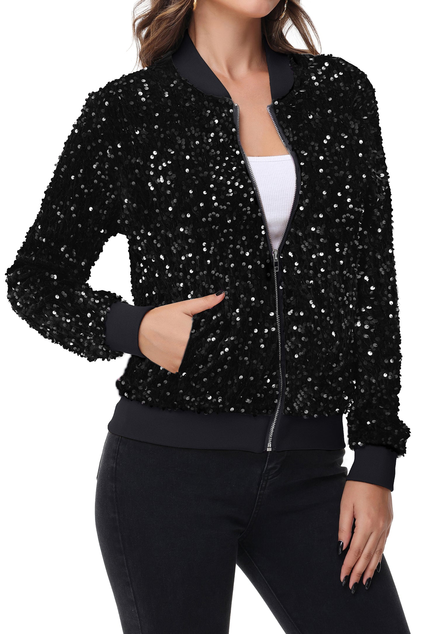 Anna-Kaci Womens Sparkly Sequin Jacket Zipper Long Sleeve Glitter Sequin Bomber Jacket with Pockets