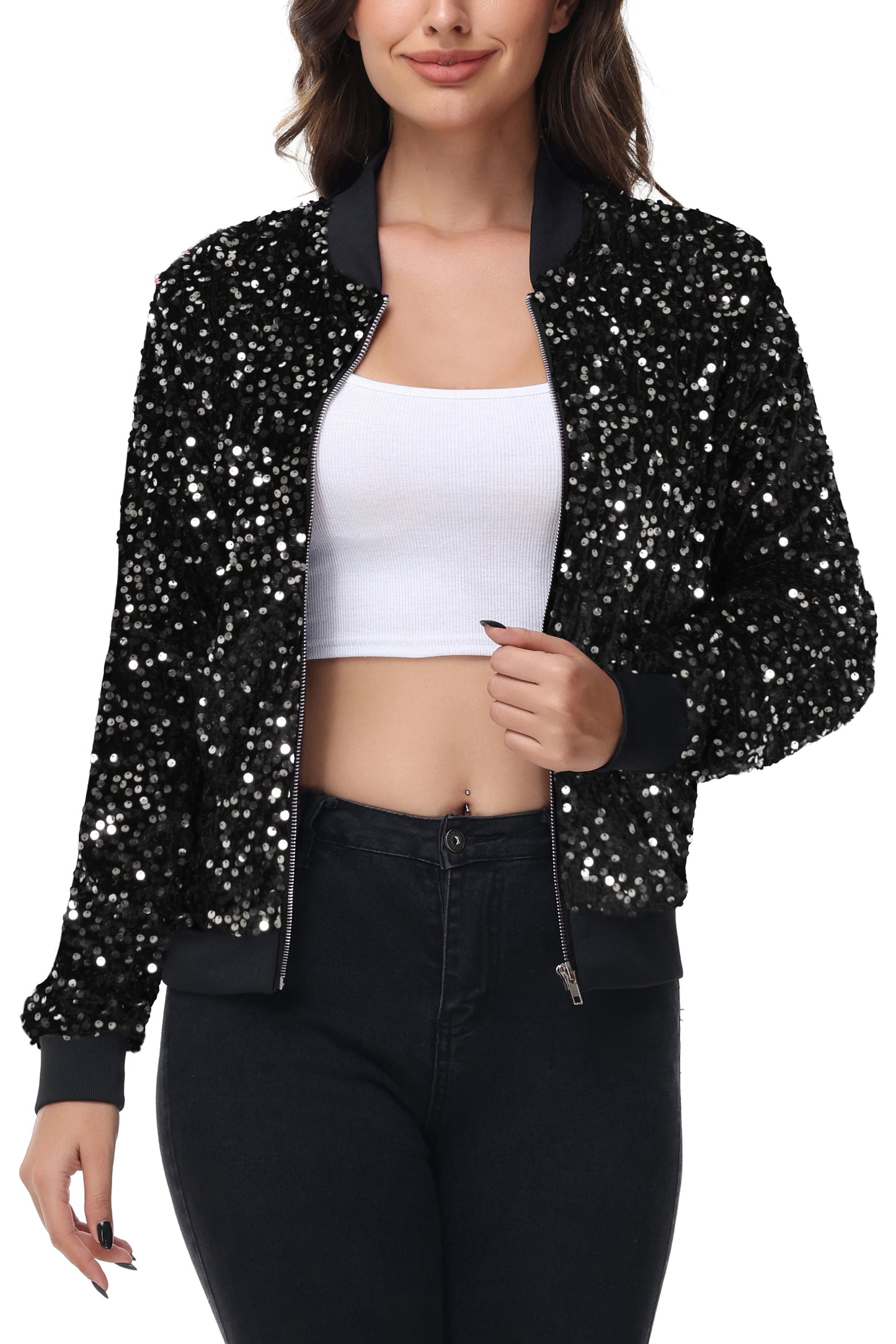 Anna-Kaci Womens Sparkly Sequin Jacket Zipper Long Sleeve Glitter Sequin Bomber Jacket with Pockets