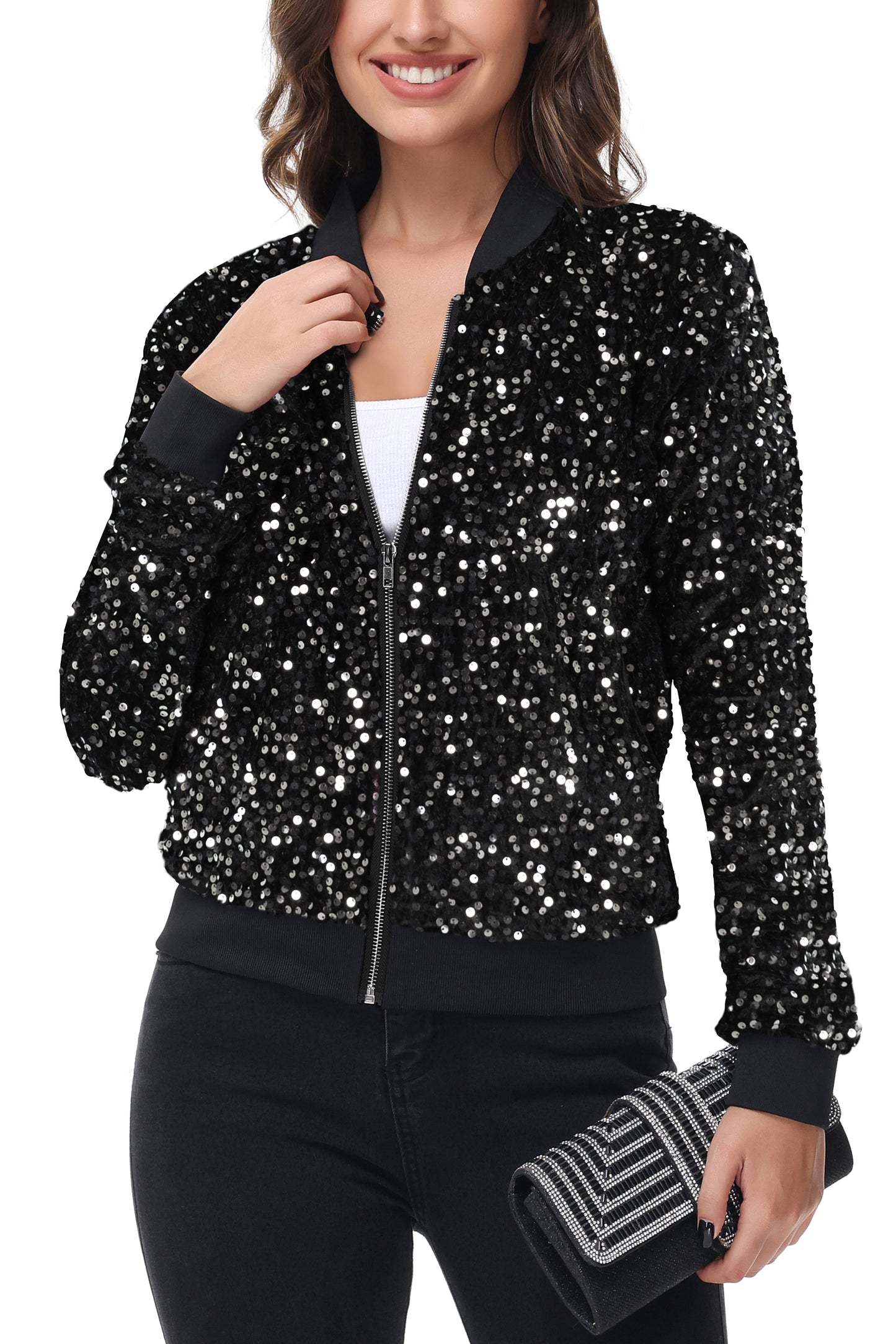 Anna-Kaci Womens Sparkly Sequin Jacket Zipper Long Sleeve Glitter Sequin Bomber Jacket with Pockets