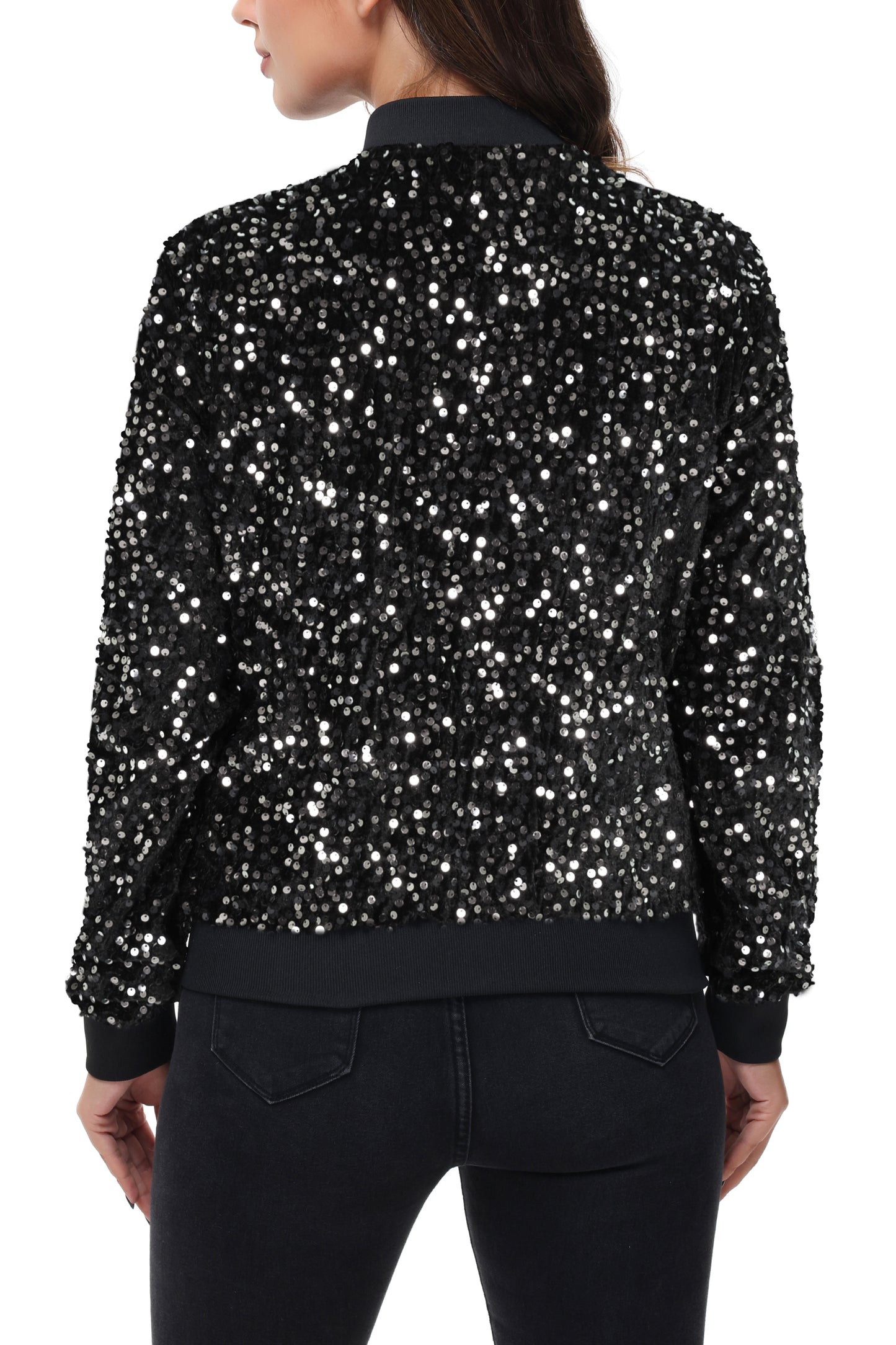 Anna-Kaci Womens Sparkly Sequin Jacket Zipper Long Sleeve Glitter Sequin Bomber Jacket with Pockets