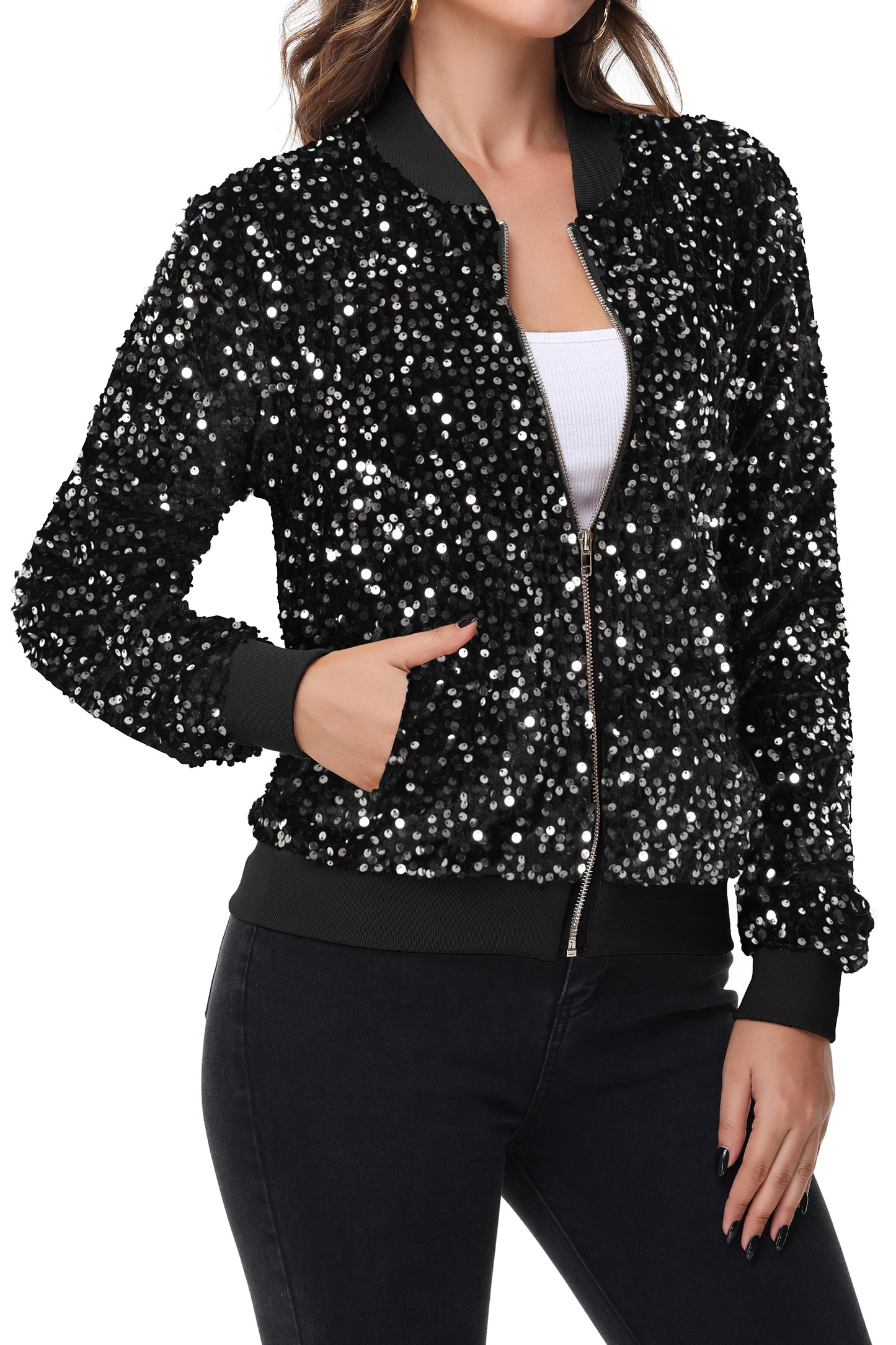Anna-Kaci Womens Sparkly Sequin Jacket Zipper Long Sleeve Glitter Sequin Bomber Jacket with Pockets