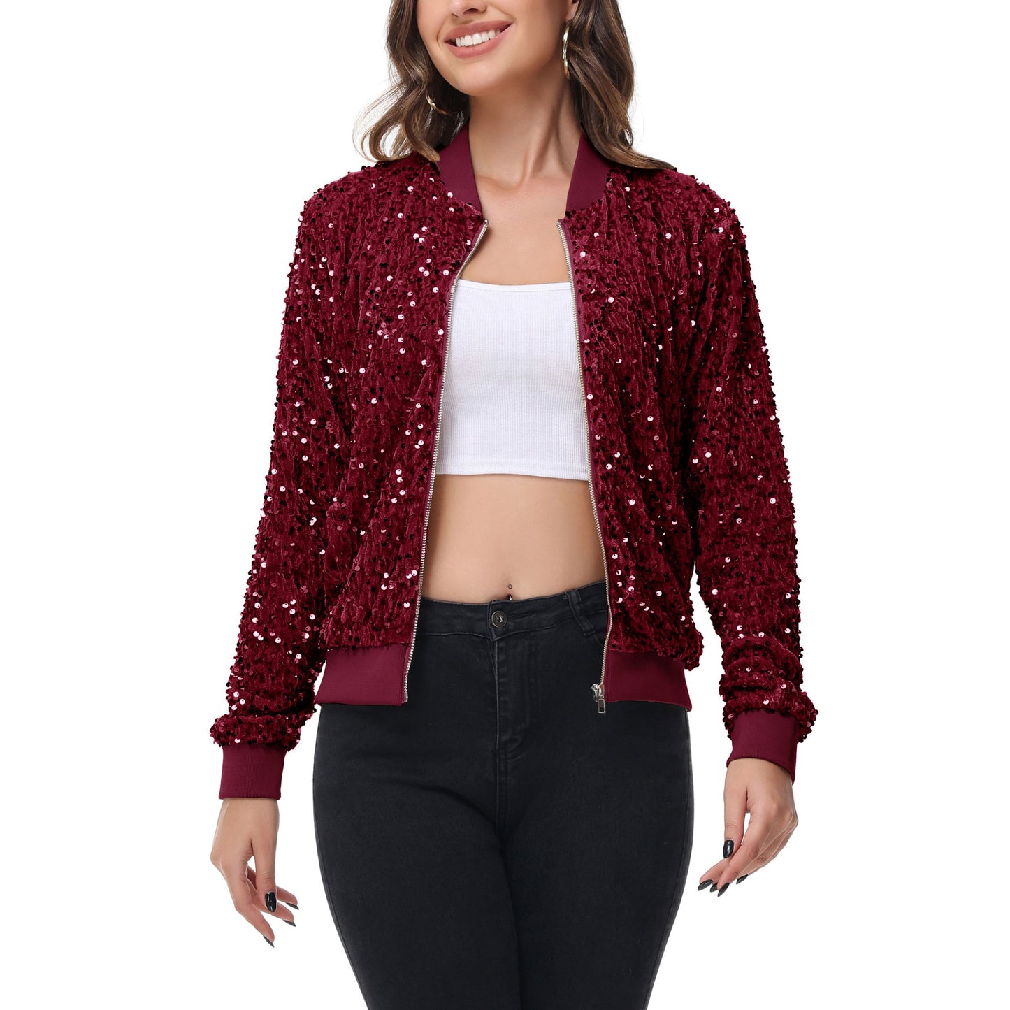 Anna-Kaci Women's Sequin Bomber Jacket Zip Front Ribbed Cuffs and Hem Pockets