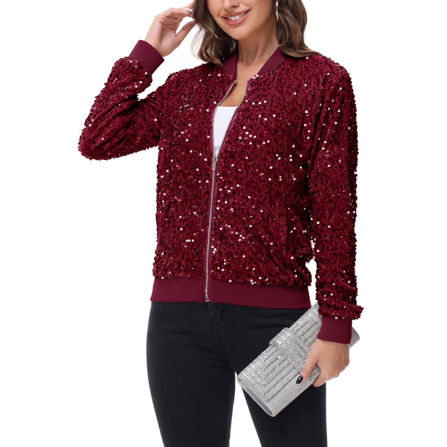 Anna-Kaci Women's Sequin Bomber Jacket Zip Front Ribbed Cuffs and Hem Pockets
