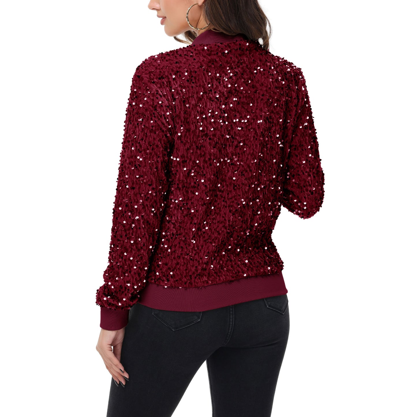 Anna-Kaci Women's Sequin Bomber Jacket Zip Front Ribbed Cuffs and Hem Pockets