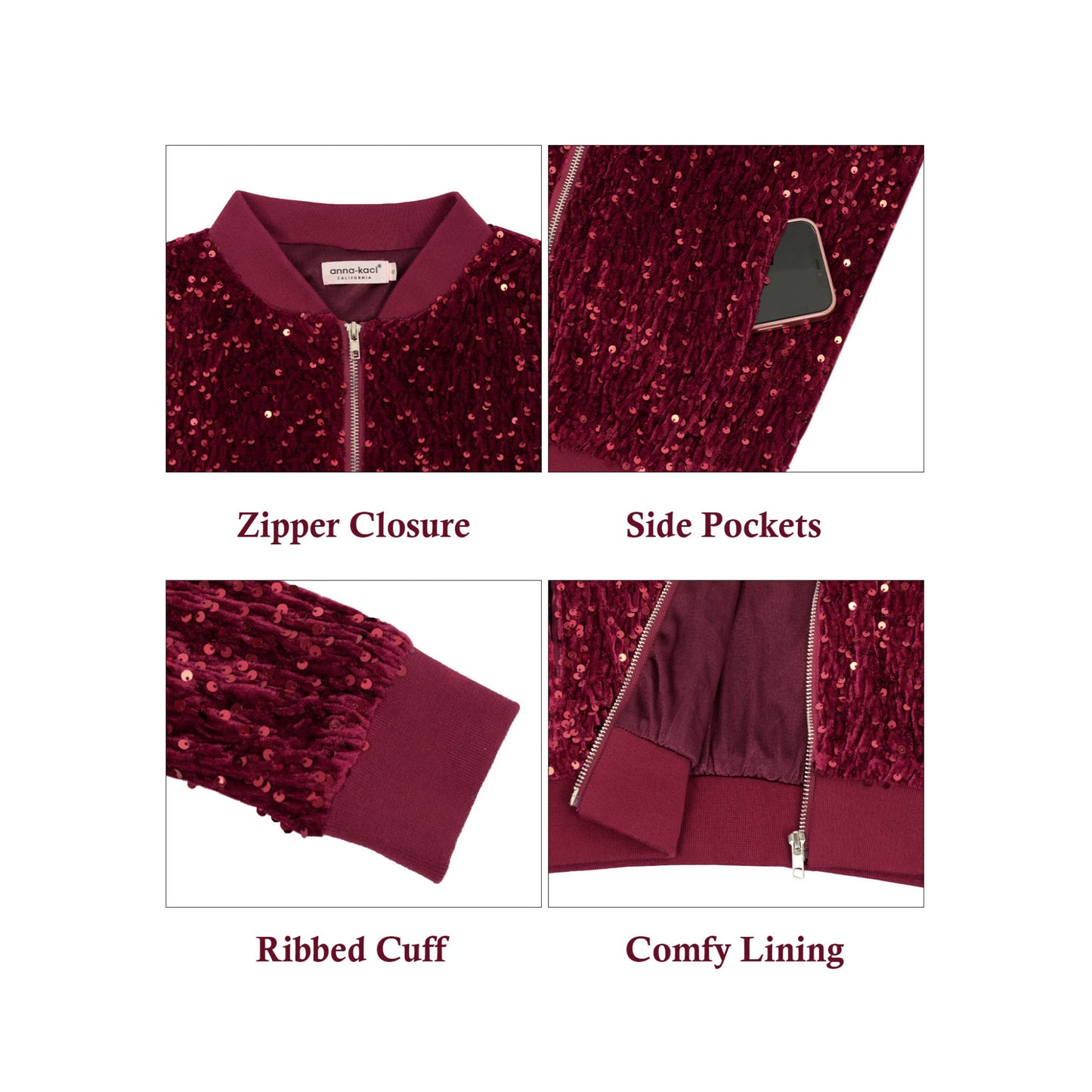 Anna-Kaci Women's Sequin Bomber Jacket Zip Front Ribbed Cuffs and Hem Pockets