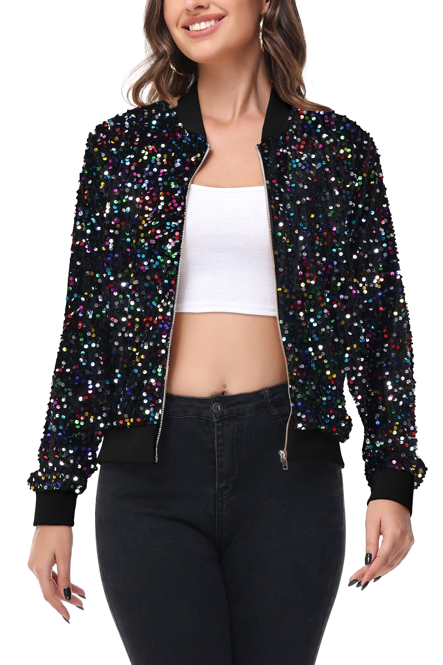 Anna-Kaci Womens Sparkly Sequin Jacket Zipper Long Sleeve Glitter Sequin Bomber Jacket with Pockets