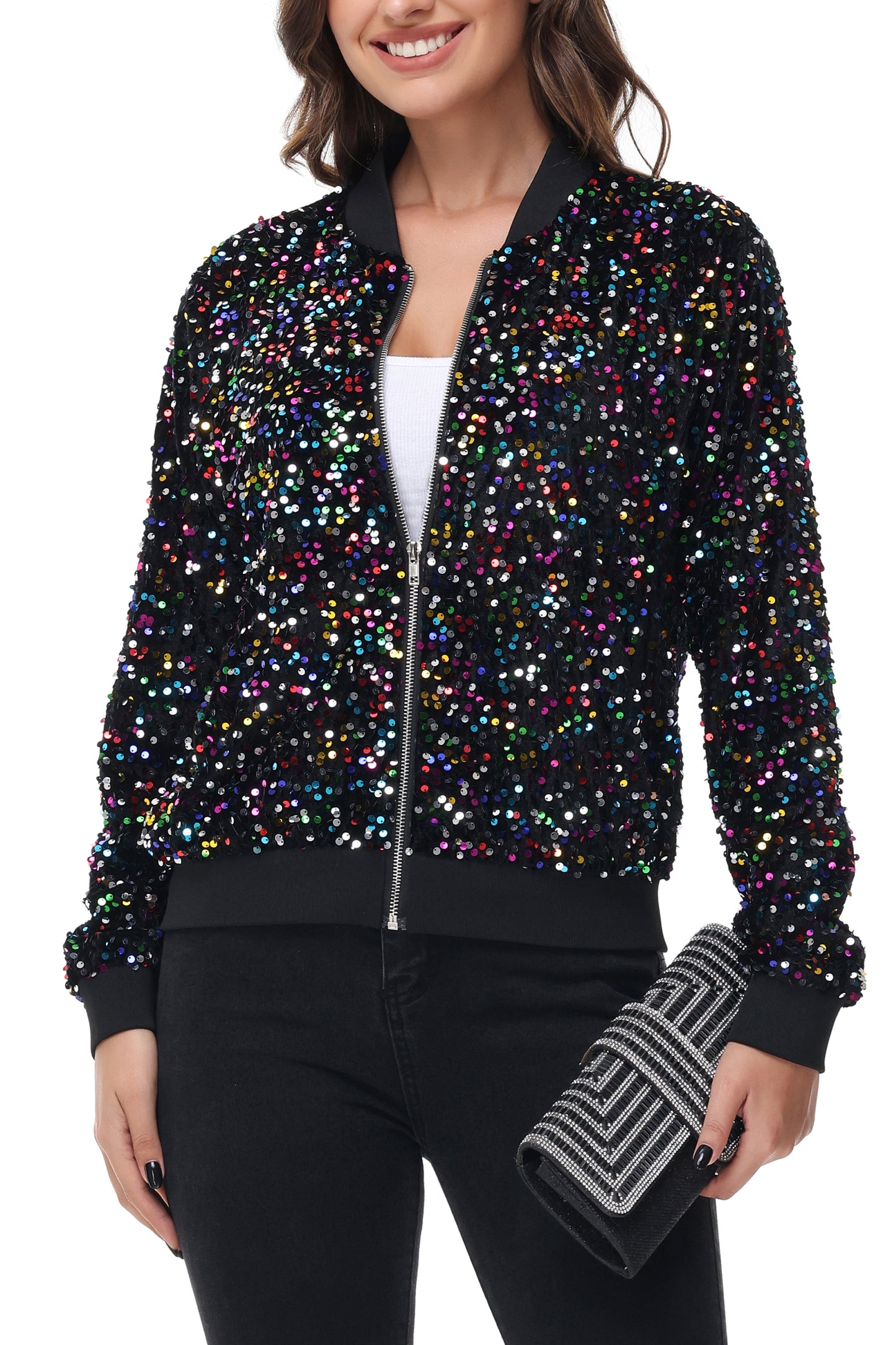 Anna-Kaci Womens Sparkly Sequin Jacket Zipper Long Sleeve Glitter Sequin Bomber Jacket with Pockets