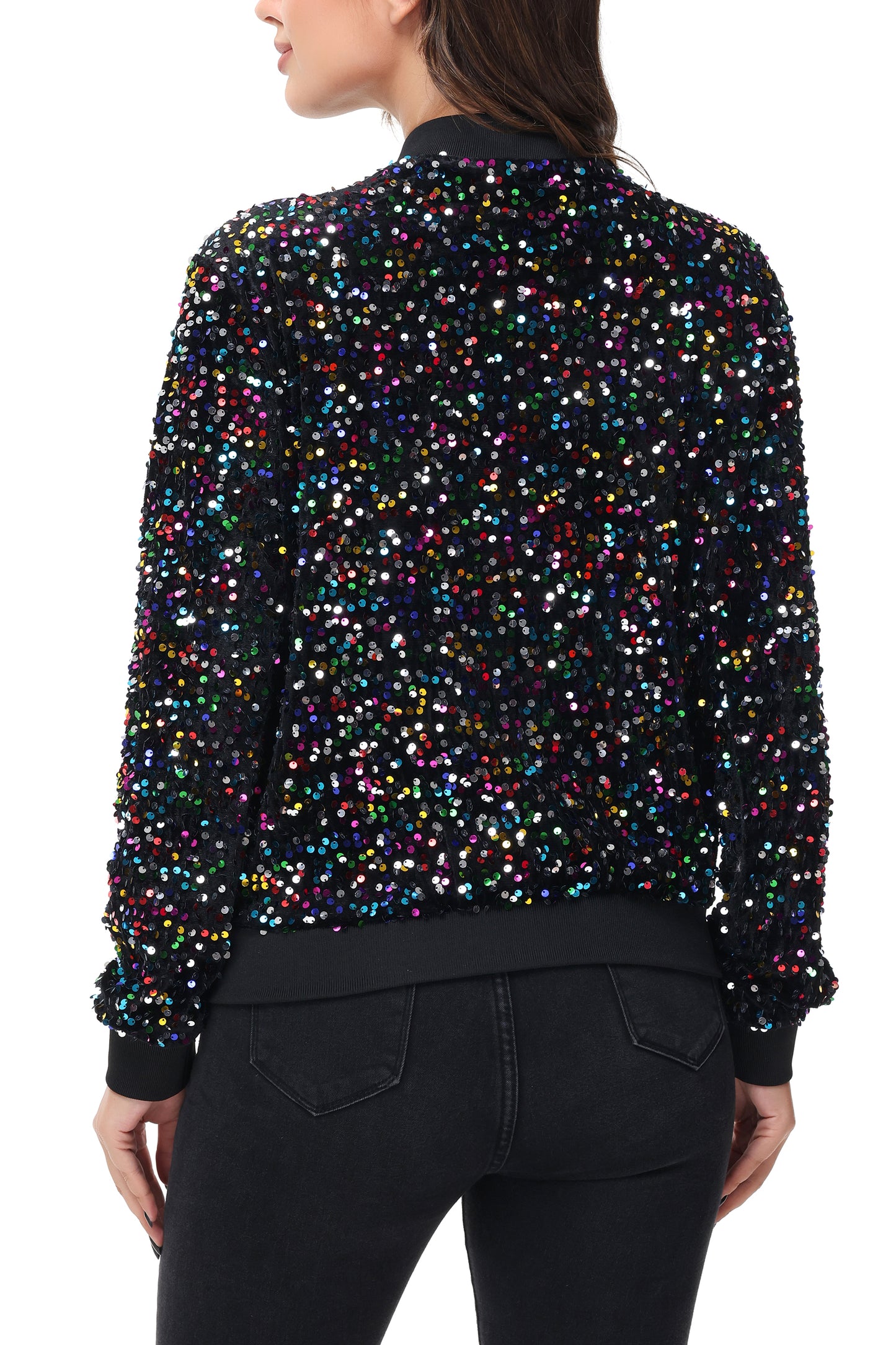 Anna-Kaci Womens Sparkly Sequin Jacket Zipper Long Sleeve Glitter Sequin Bomber Jacket with Pockets