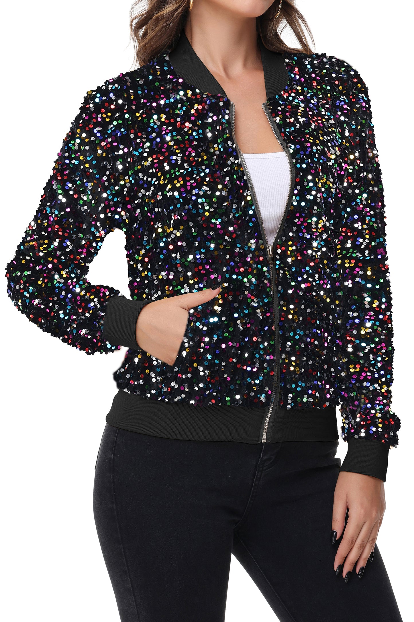 Anna-Kaci Womens Sparkly Sequin Jacket Zipper Long Sleeve Glitter Sequin Bomber Jacket with Pockets