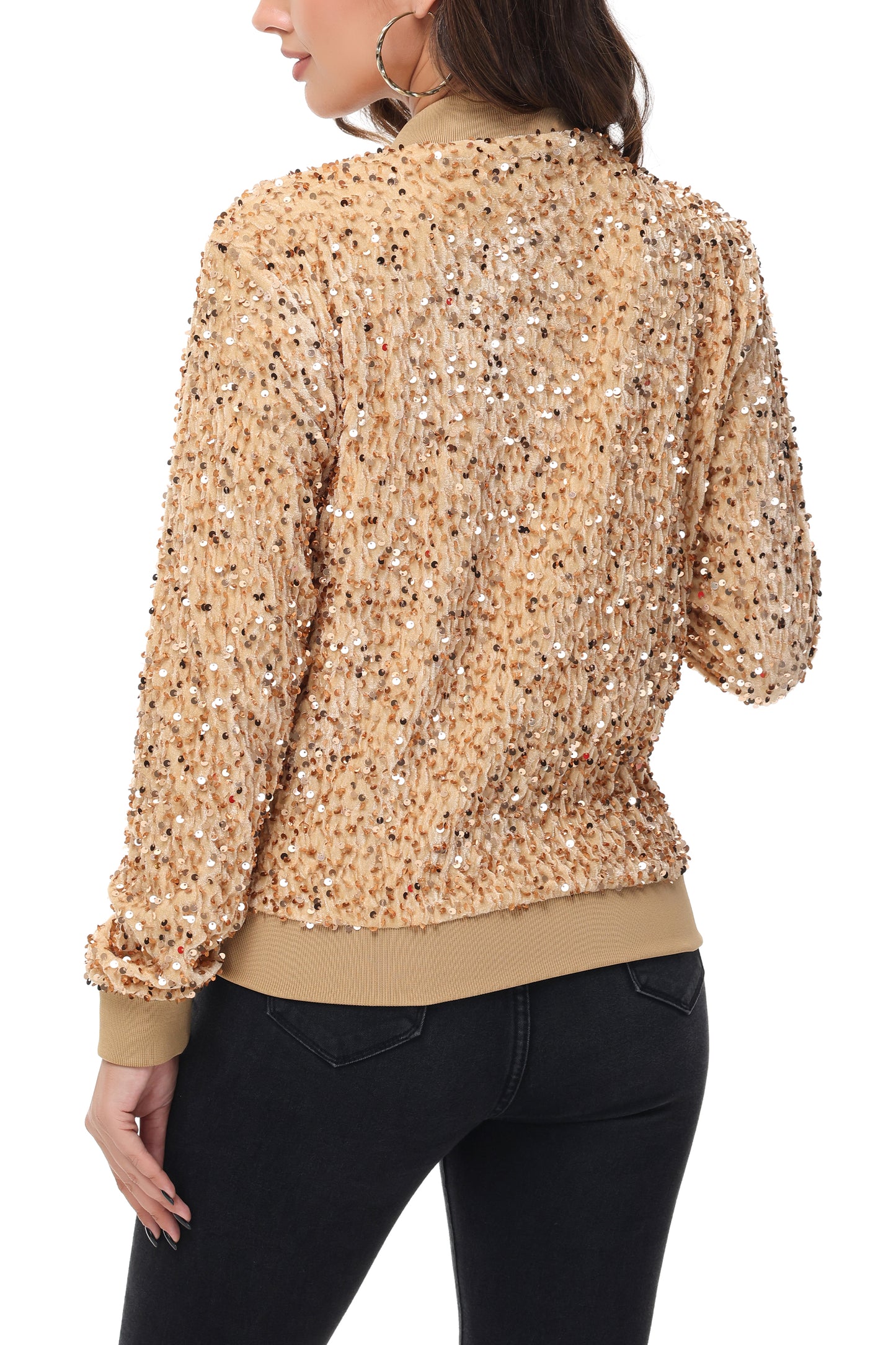 Anna-Kaci Womens Sparkly Sequin Jacket Zipper Long Sleeve Glitter Sequin Bomber Jacket with Pockets