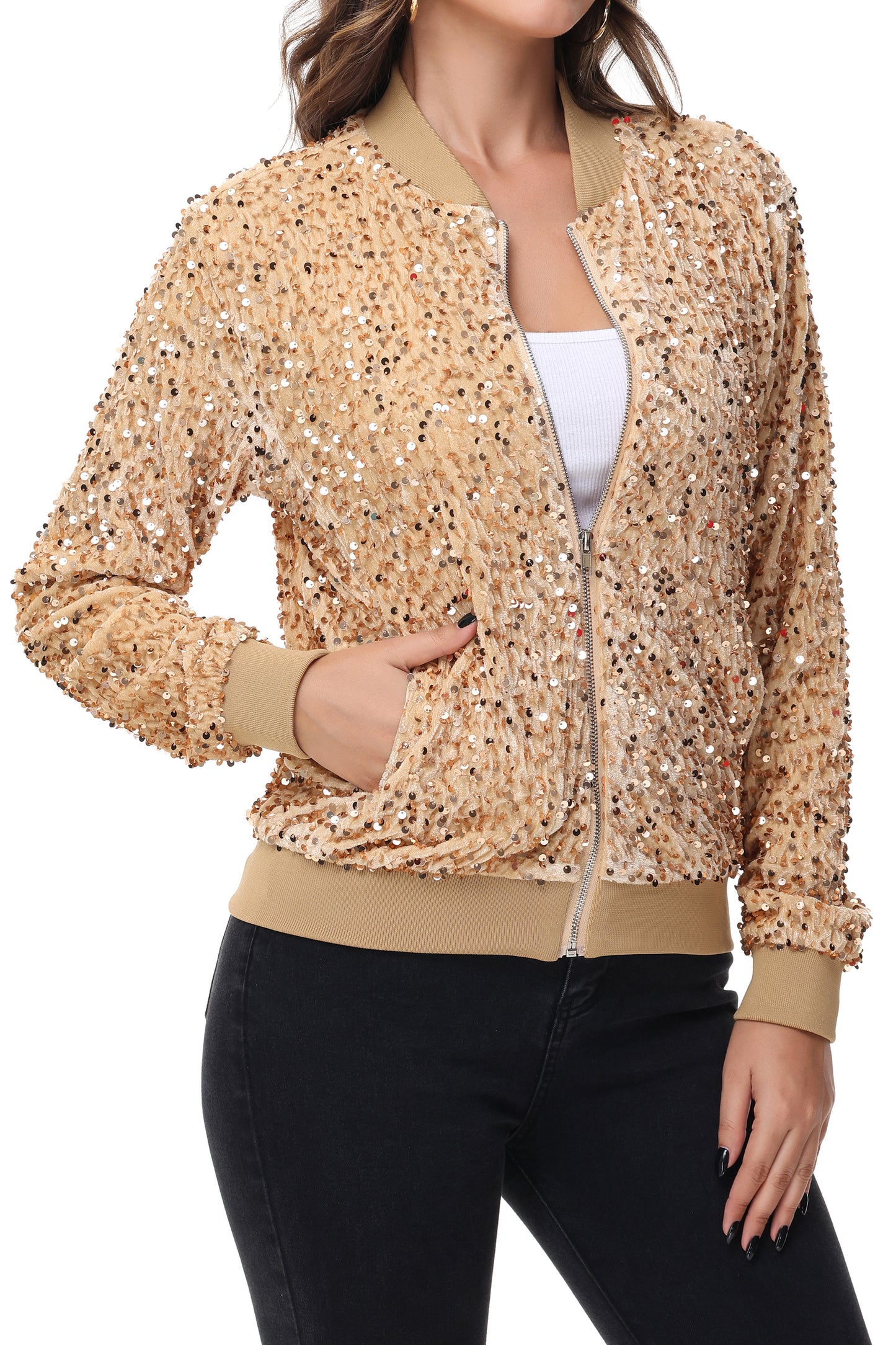 Anna-Kaci Womens Sparkly Sequin Jacket Zipper Long Sleeve Glitter Sequin Bomber Jacket with Pockets