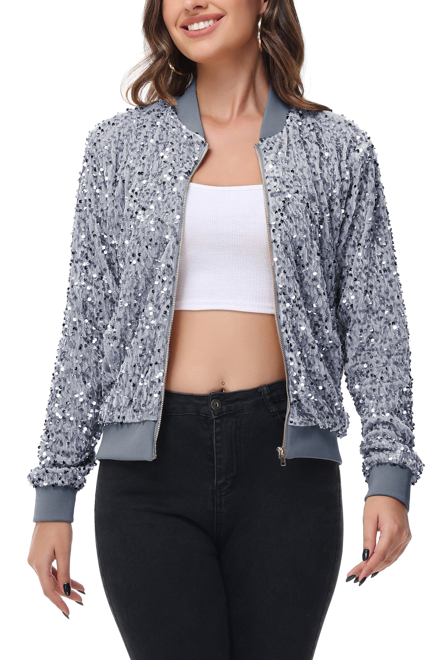 Anna-Kaci Womens Sparkly Sequin Jacket Zipper Long Sleeve Glitter Sequin Bomber Jacket with Pockets
