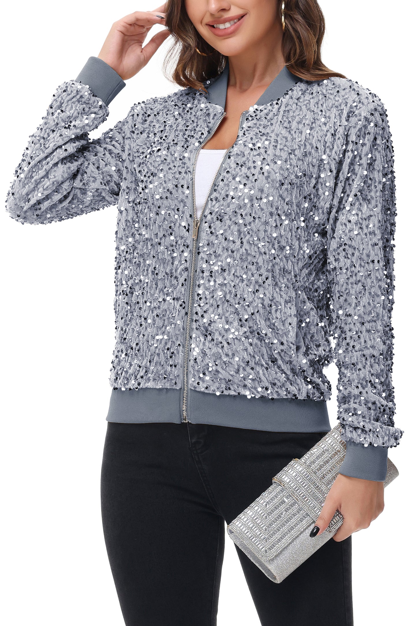Anna-Kaci Womens Sparkly Sequin Jacket Zipper Long Sleeve Glitter Sequin Bomber Jacket with Pockets