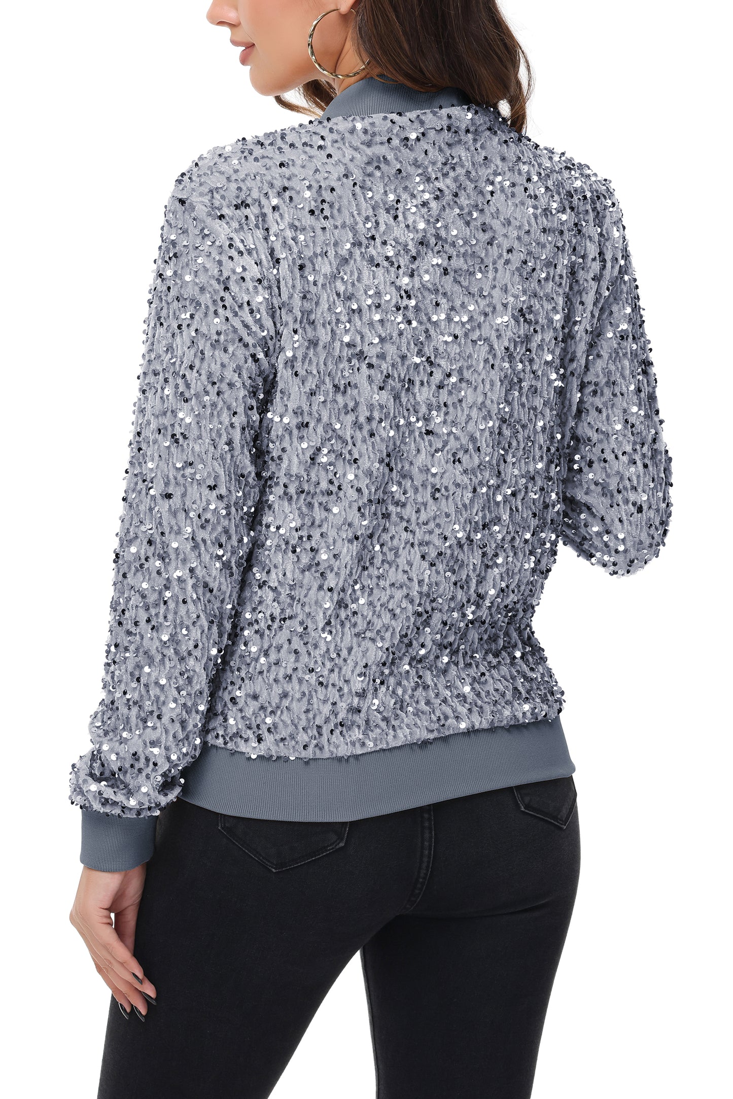 Anna-Kaci Womens Sparkly Sequin Jacket Zipper Long Sleeve Glitter Sequin Bomber Jacket with Pockets