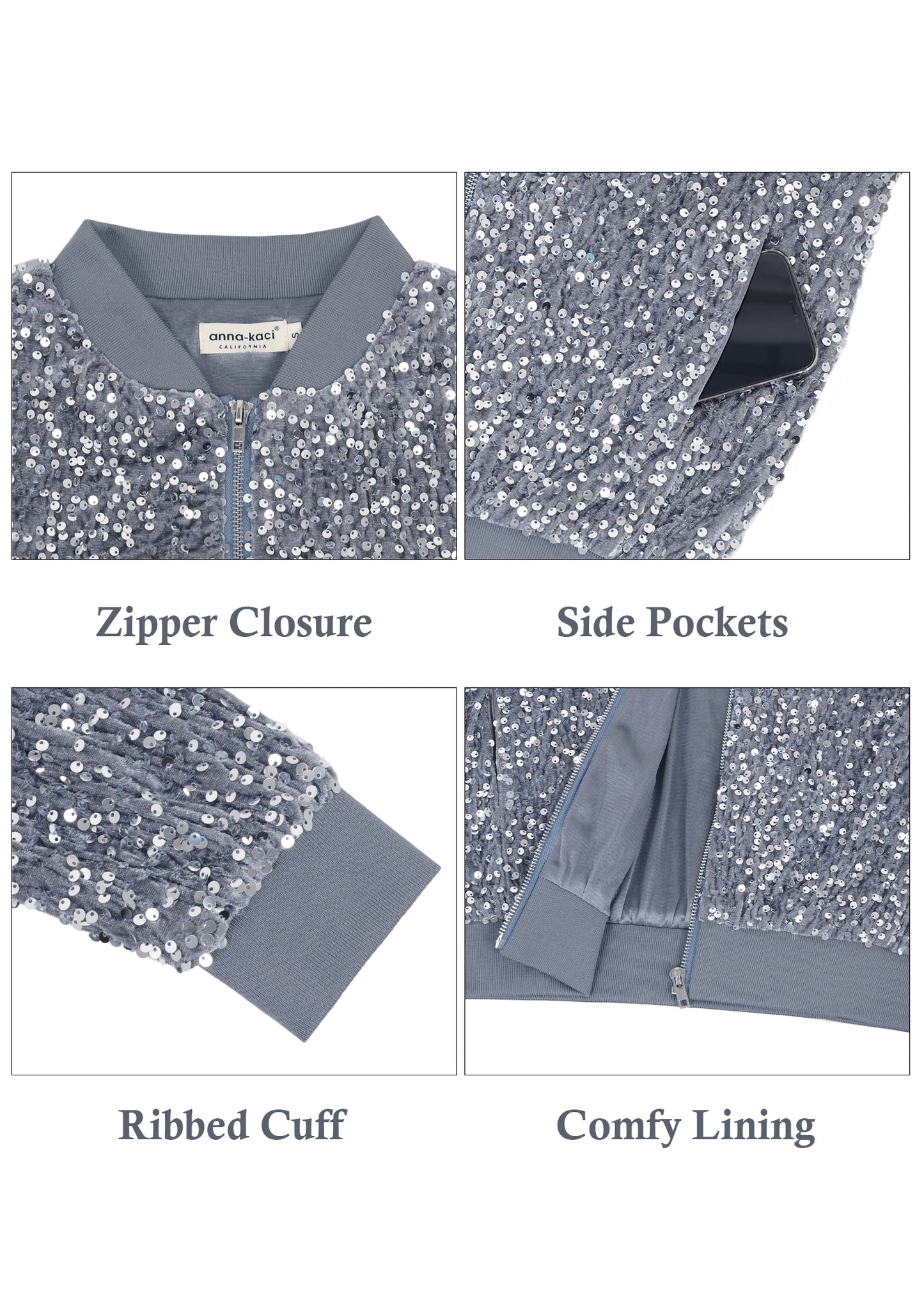 Anna-Kaci Womens Sparkly Sequin Jacket Zipper Long Sleeve Glitter Sequin Bomber Jacket with Pockets