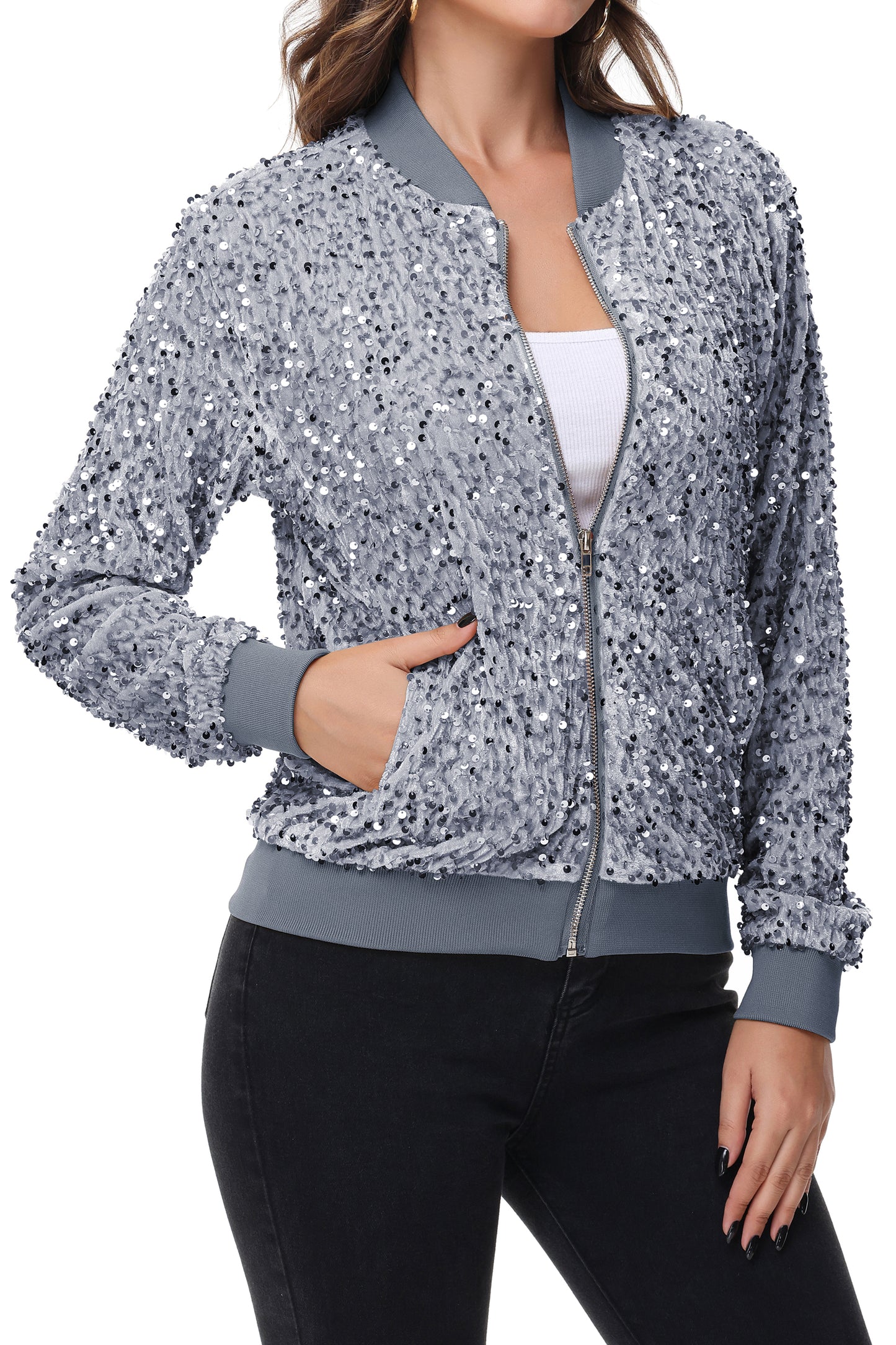Anna-Kaci Womens Sparkly Sequin Jacket Zipper Long Sleeve Glitter Sequin Bomber Jacket with Pockets