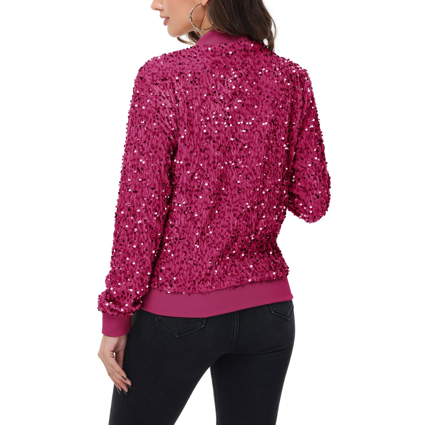 Anna-Kaci Women's Sequin Bomber Jacket Zip Front Ribbed Cuffs and Hem Pockets