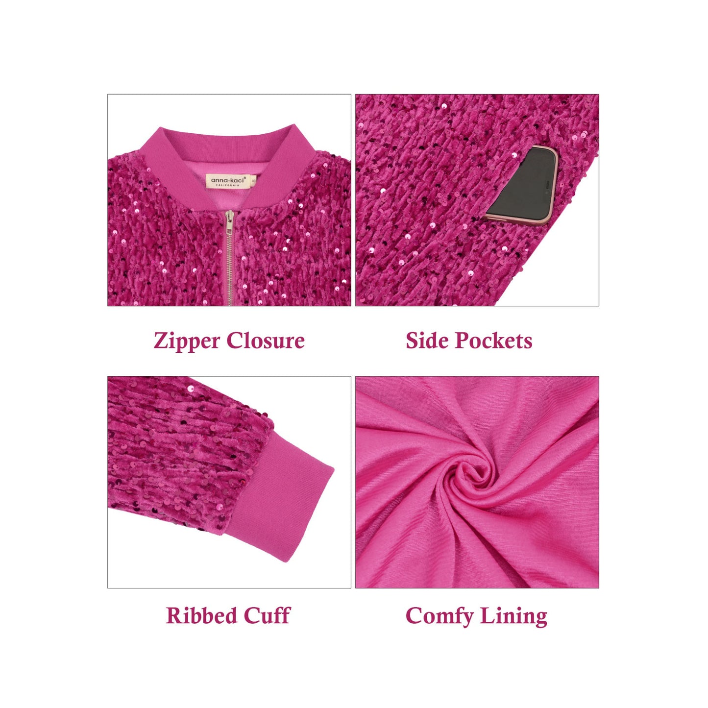Anna-Kaci Women's Sequin Bomber Jacket Zip Front Ribbed Cuffs and Hem Pockets