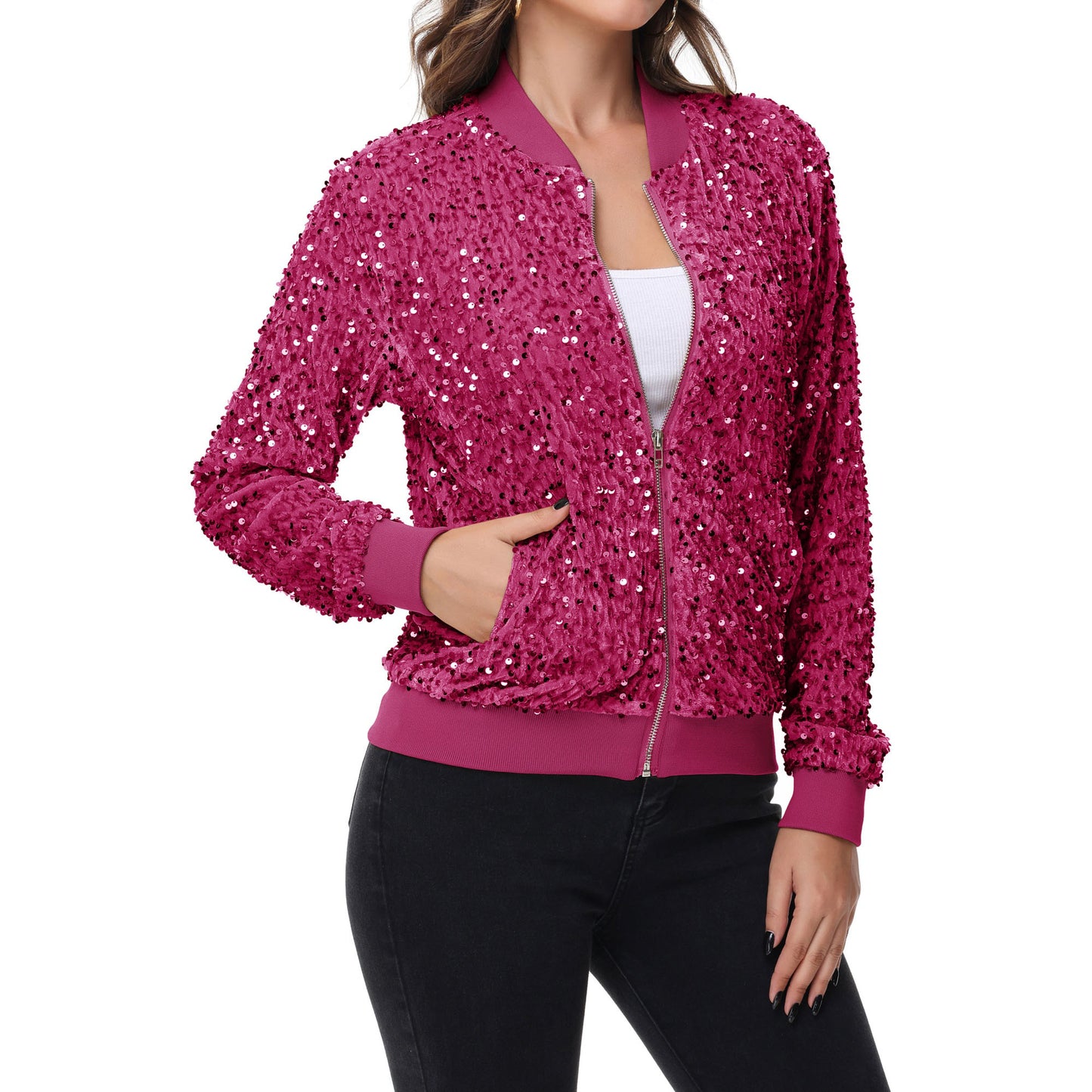 Anna-Kaci Women's Sequin Bomber Jacket Zip Front Ribbed Cuffs and Hem Pockets
