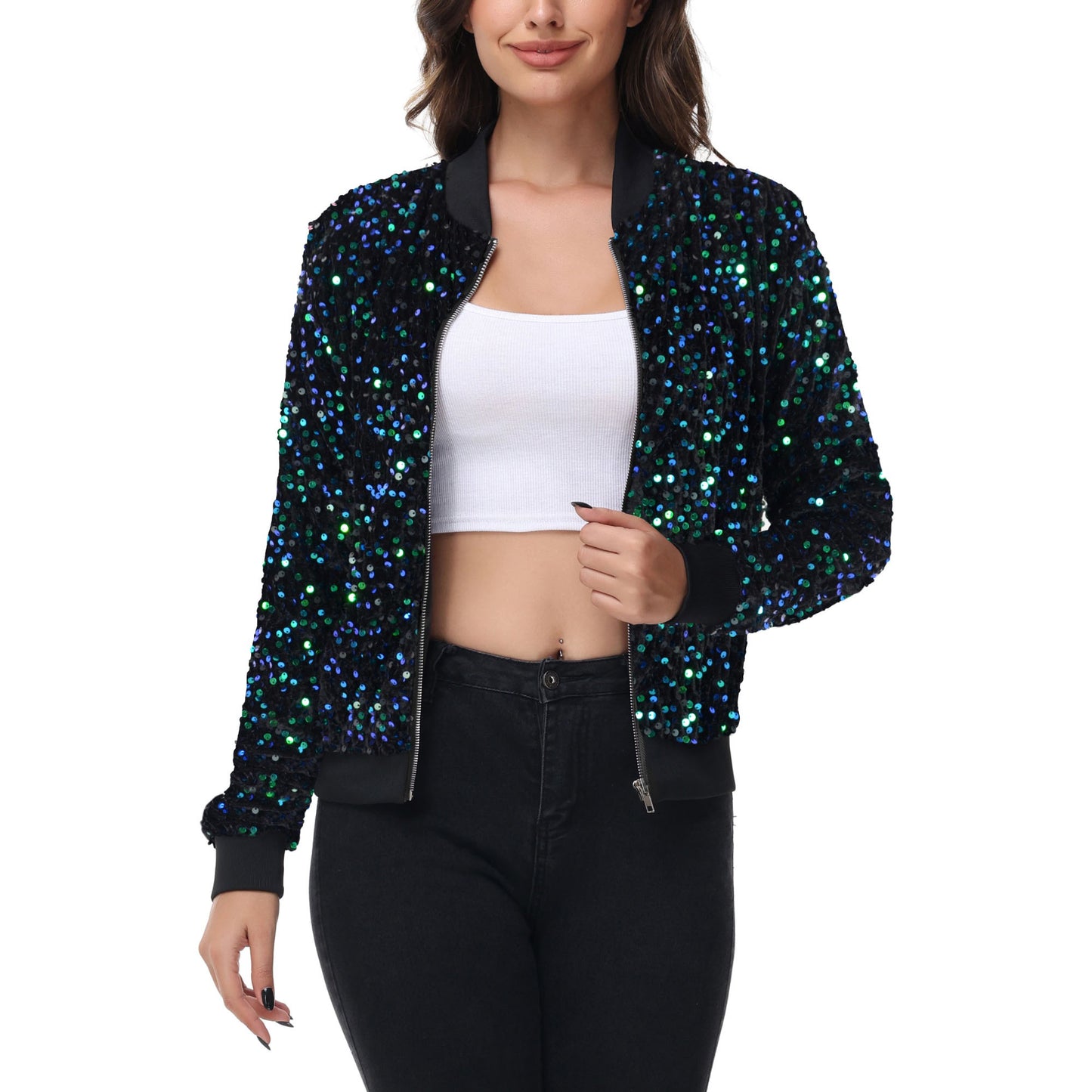 Anna-Kaci Women's Sequin Bomber Jacket Zip Front Ribbed Cuffs and Hem Pockets