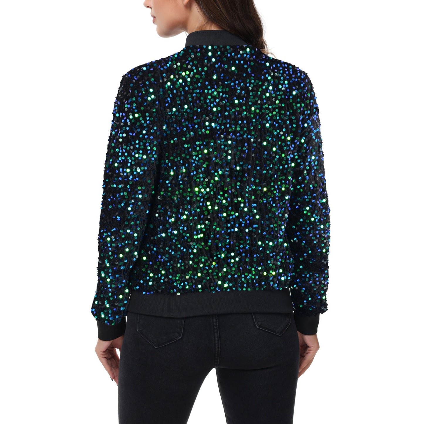Anna-Kaci Women's Sequin Bomber Jacket Zip Front Ribbed Cuffs and Hem Pockets