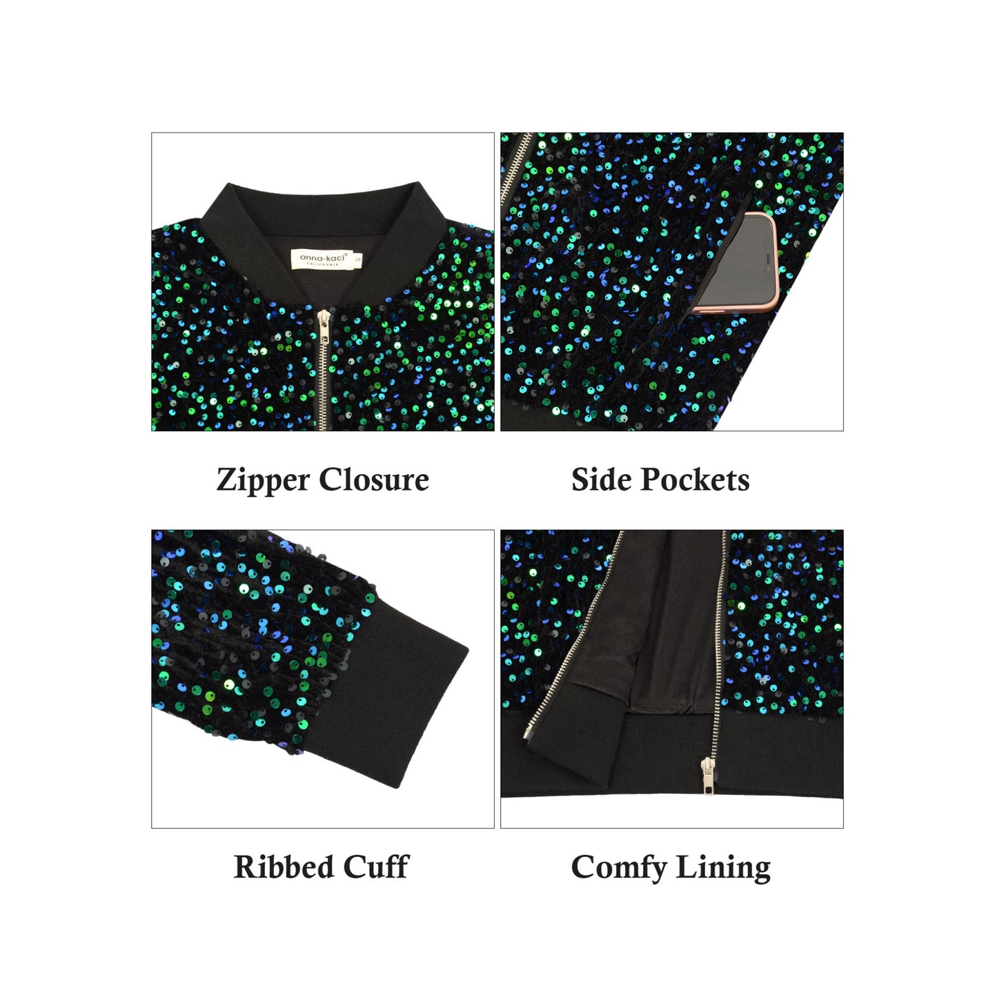 Anna-Kaci Women's Sequin Bomber Jacket Zip Front Ribbed Cuffs and Hem Pockets