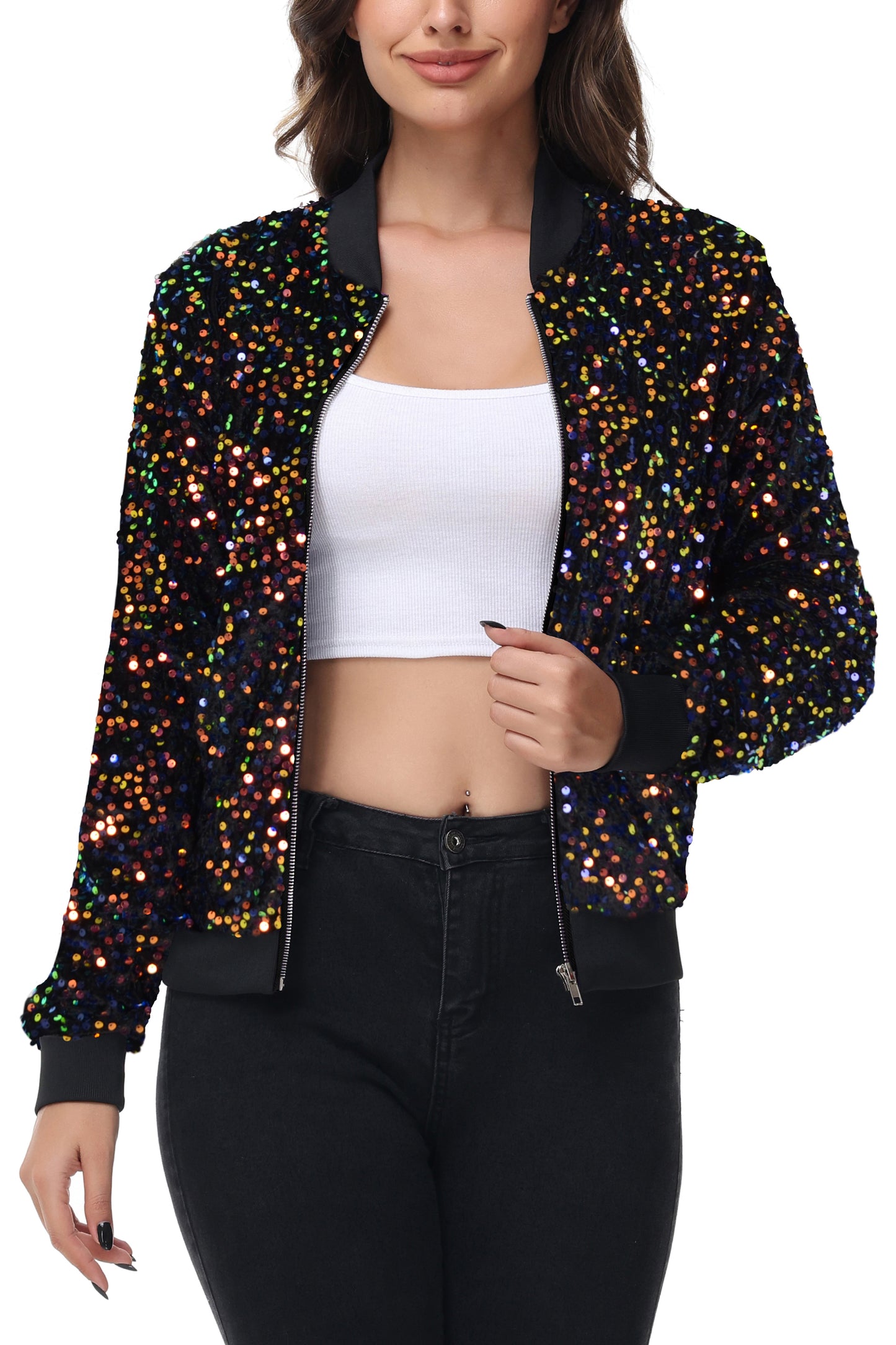 Anna-Kaci Womens Sparkly Sequin Jacket Zipper Long Sleeve Glitter Sequin Bomber Jacket with Pockets